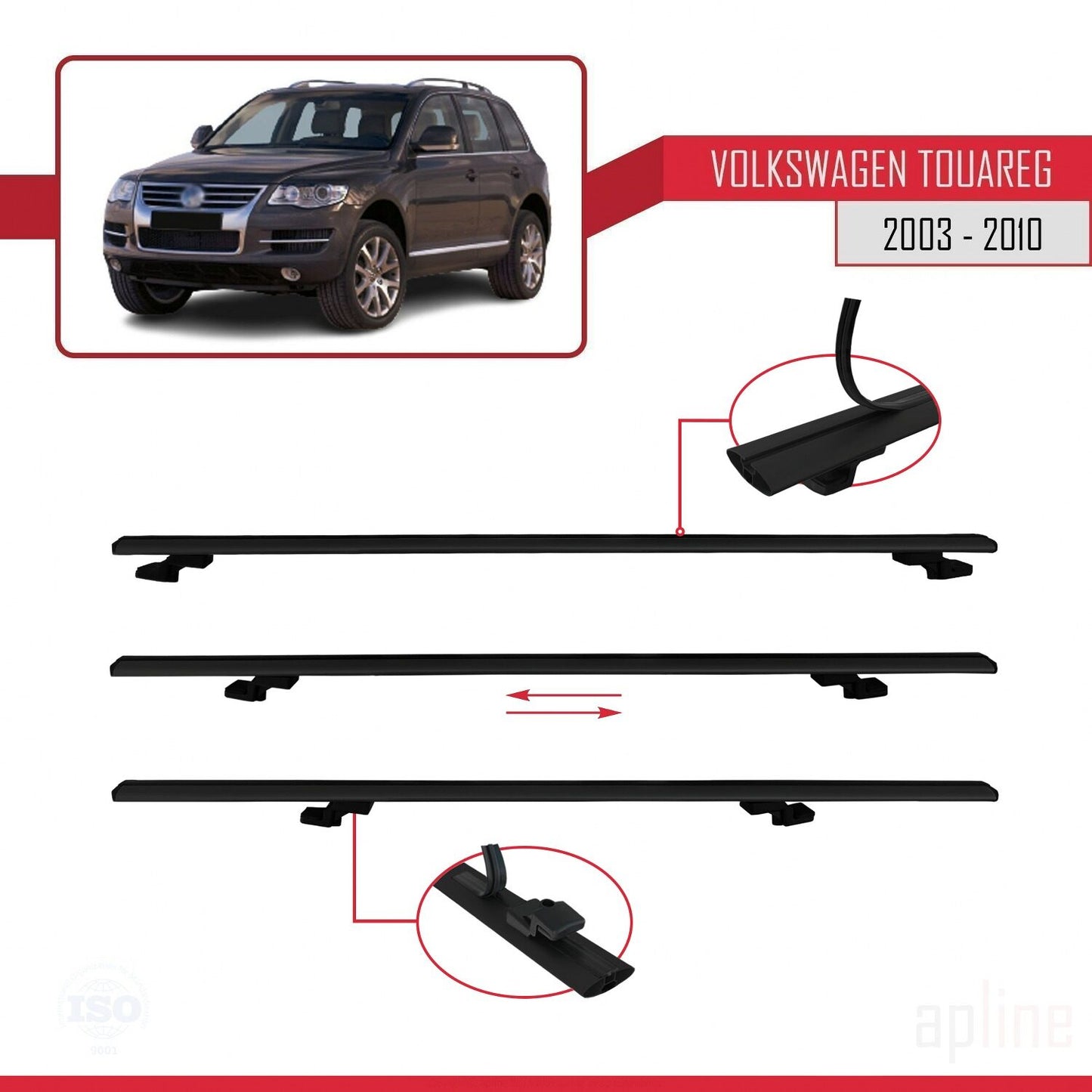 Compatible avec Volkswagen Touareg (7L) 2002-2010 BASIC Model Barres de Toit Railing Porte-Bagages de Voiture Noir Aluminium 3 Barres