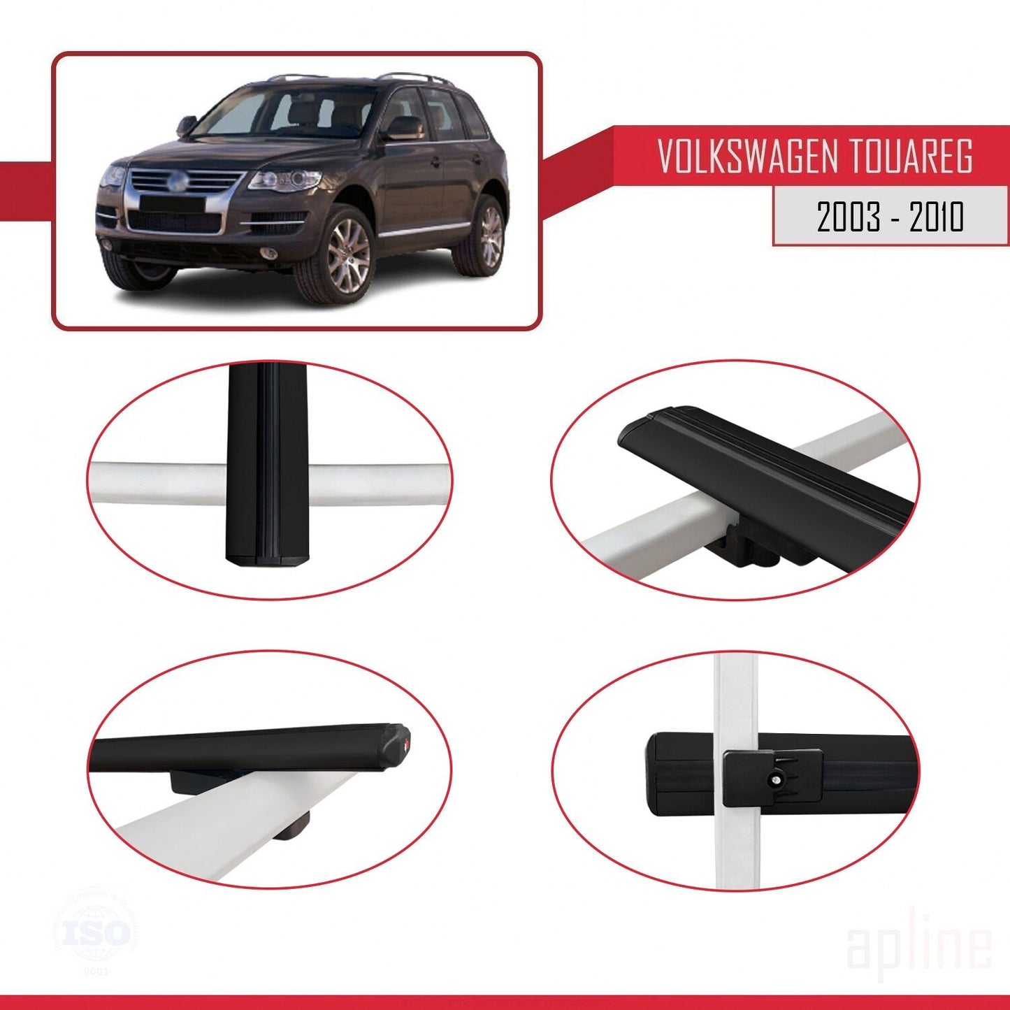 Compatible with Volkswagen Touareg (7L) 2002-2010 BASIC Model Car Roof Rack Cross Bar Black Aluminium 3 Bars