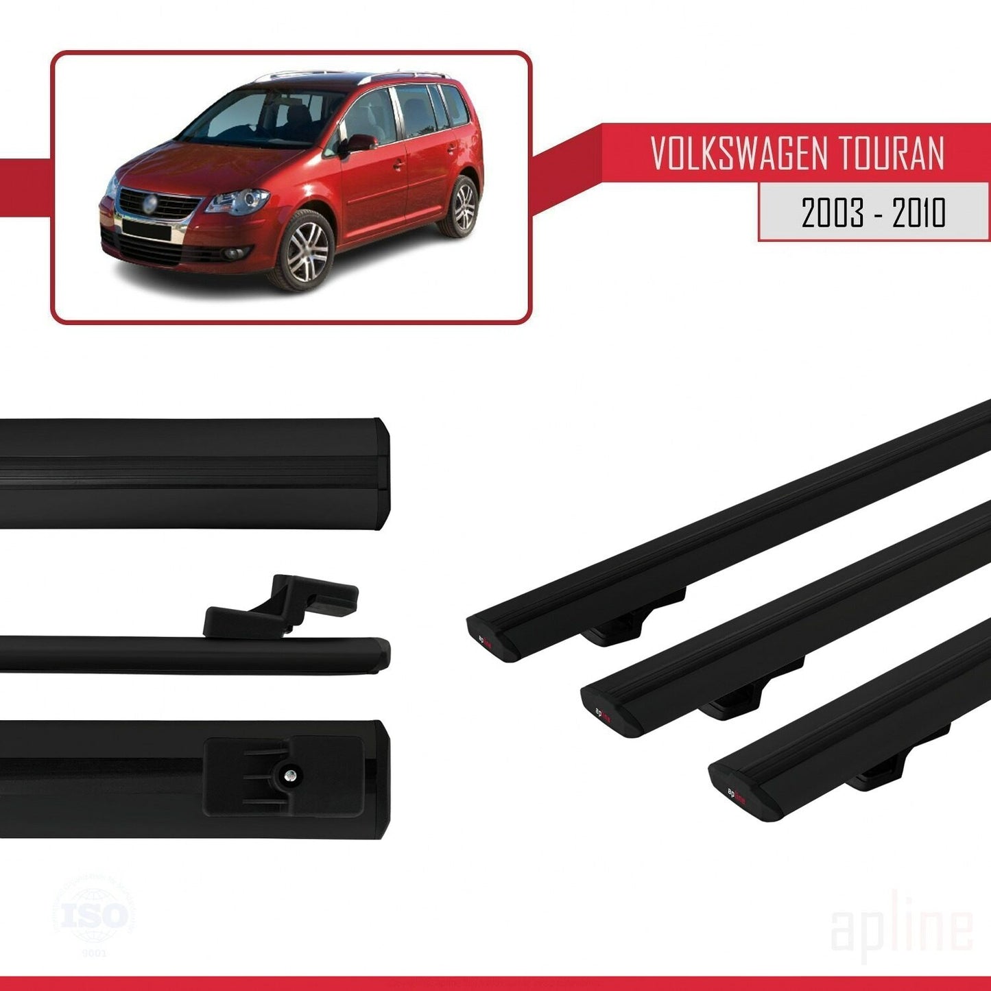 Compatible with Volkswagen Touran (1T) Pre-Facelift 2003-2010 BASIC Model Car Roof Rack Cross Bar Black Aluminium 3 Bars