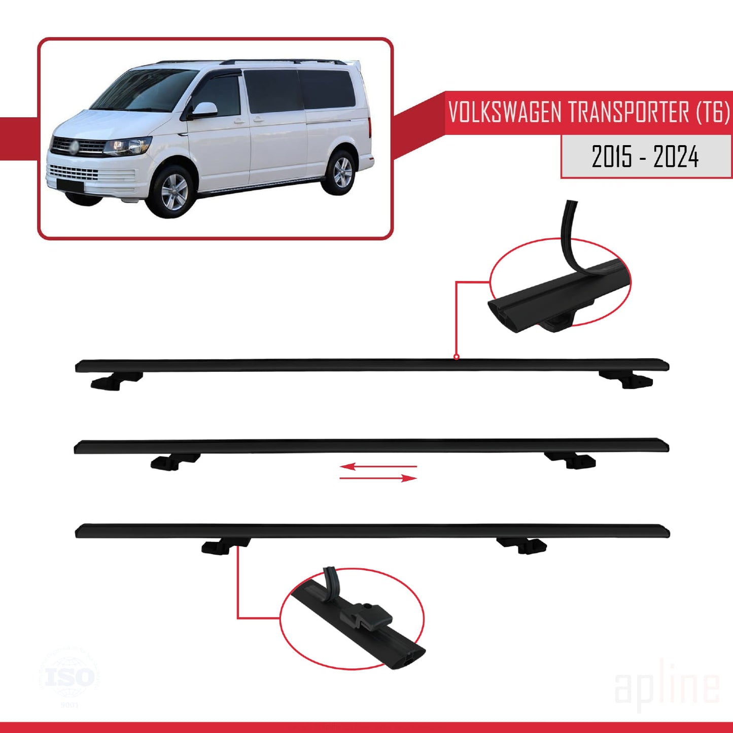 Compatible avec Volkswagen T6 Transporter 2015-2024 BASIC Model Barres de Toit Railing Porte-Bagages de Voiture Noir Aluminium 4 Barres