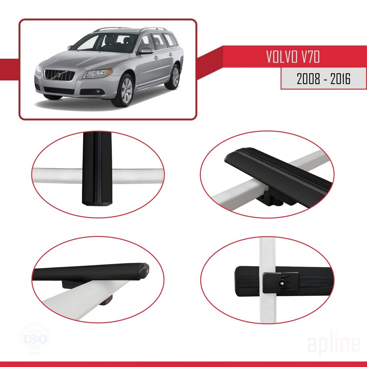 Compatible avec Volvo V70 III 2008-2016 BASIC Model Barres de Toit Railing Porte-Bagages de Voiture Noir Aluminium 2 Barres