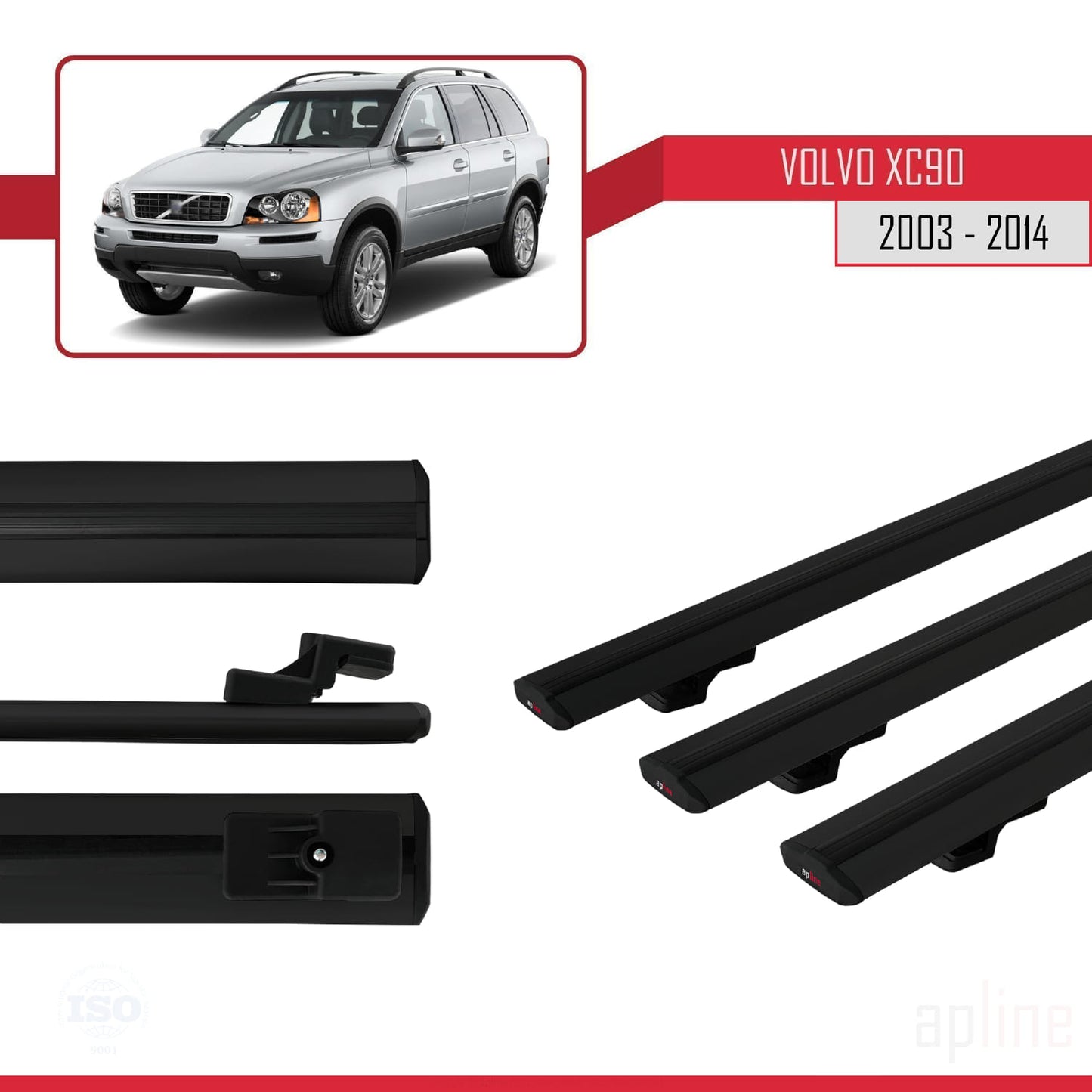 Compatible avec Volvo XC90 2003-2014 BASIC Model Barres de Toit Railing Porte-Bagages de Voiture Noir Aluminium 3 Barres