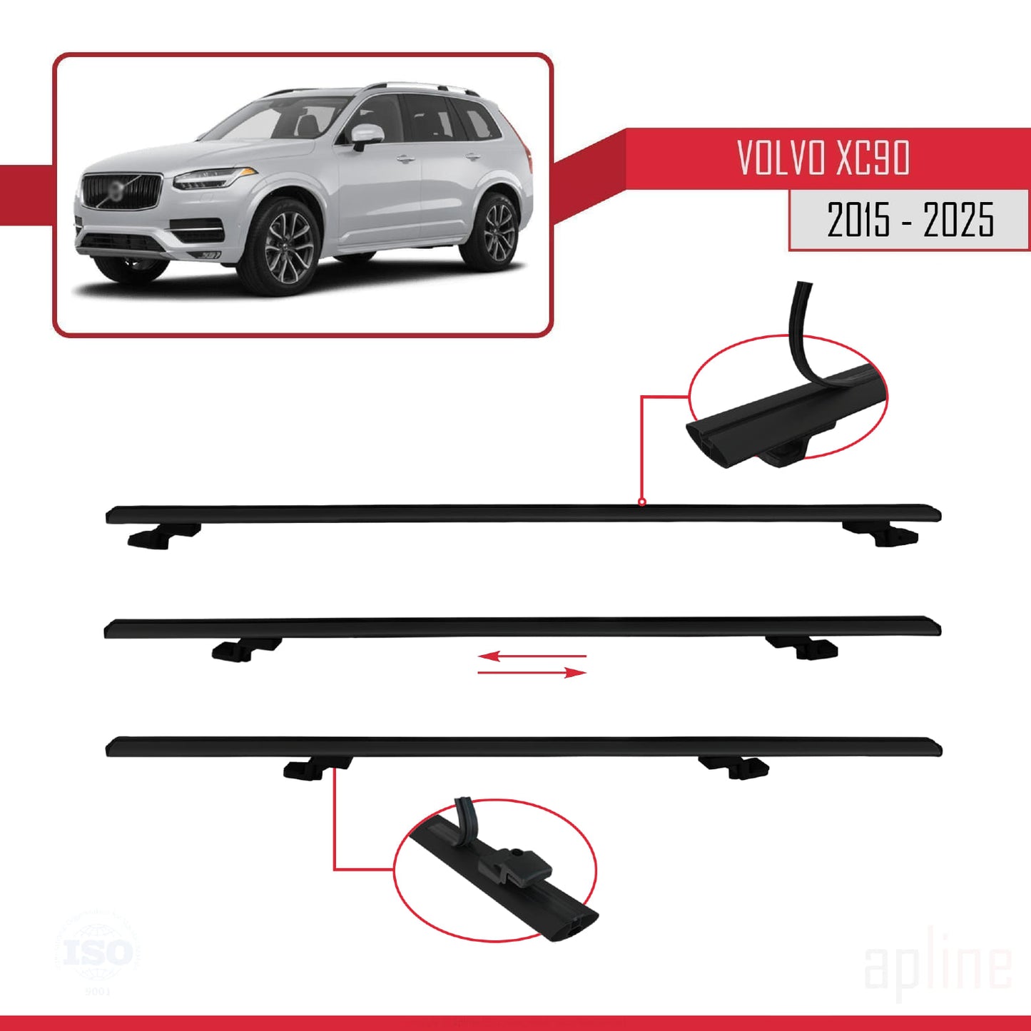 Compatible avec Volvo XC90 II 2015-2025 BASIC Model Barres de Toit Railing Porte-Bagages de Voiture Noir Aluminium 3 Barres