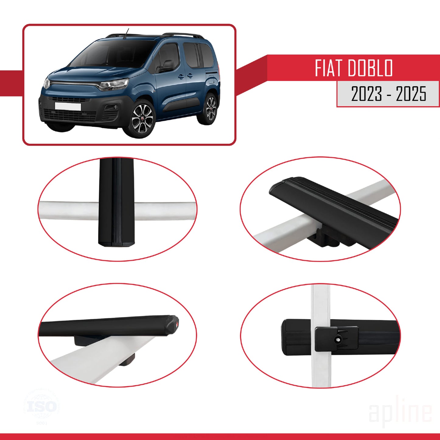 Compatible avec Fiat Doblo 3 2023-2025 BASIC Model Barres de Toit Railing Porte-Bagages de Voiture Noir Aluminium 3 Barres