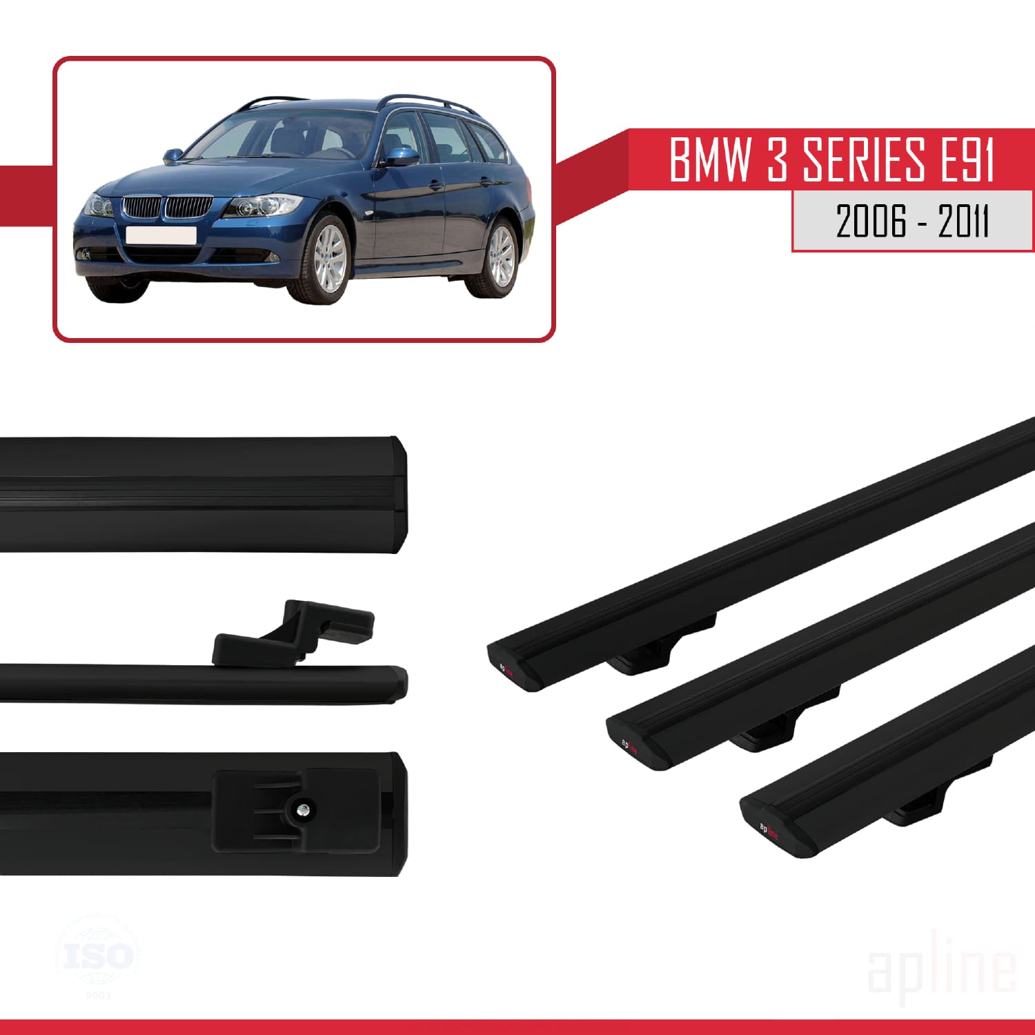 Compatible avec BMW 3 Series E91 Touring 2006-2011 BASIC Model Barres de Toit Railing Porte-Bagages de Voiture Noir Aluminium 3 Barres