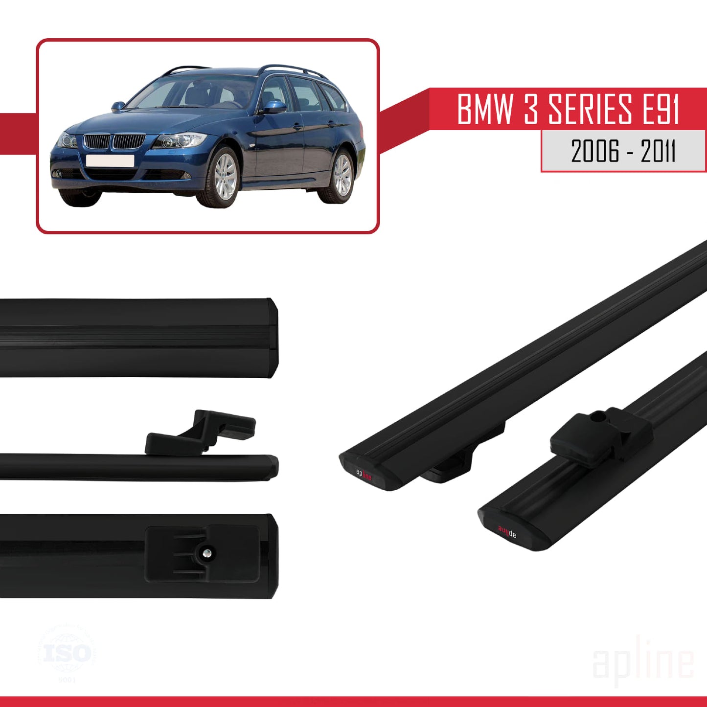 Compatible avec BMW 3 Series E91 Touring 2006-2011 BASIC Model Barres de Toit Railing Porte-Bagages de Voiture Noir Aluminium 2 Barres