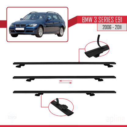 Compatible avec BMW 3 Series E91 Touring 2006-2011 BASIC Model Barres de Toit Railing Porte-Bagages de Voiture Noir Aluminium 2 Barres