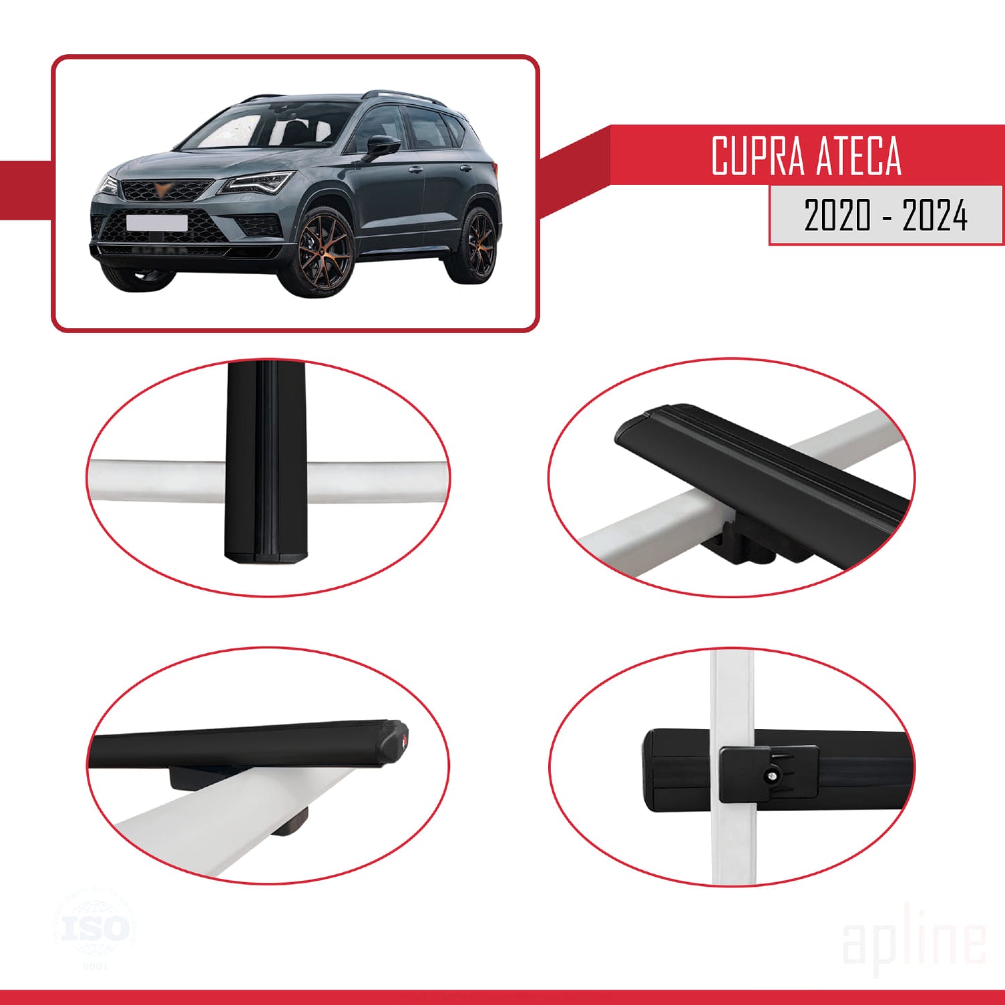 Compatible avec Cupra Ateca 2020-2024 BASIC Model Barres de Toit Railing Porte-Bagages de Voiture Noir Aluminium 2 Barres