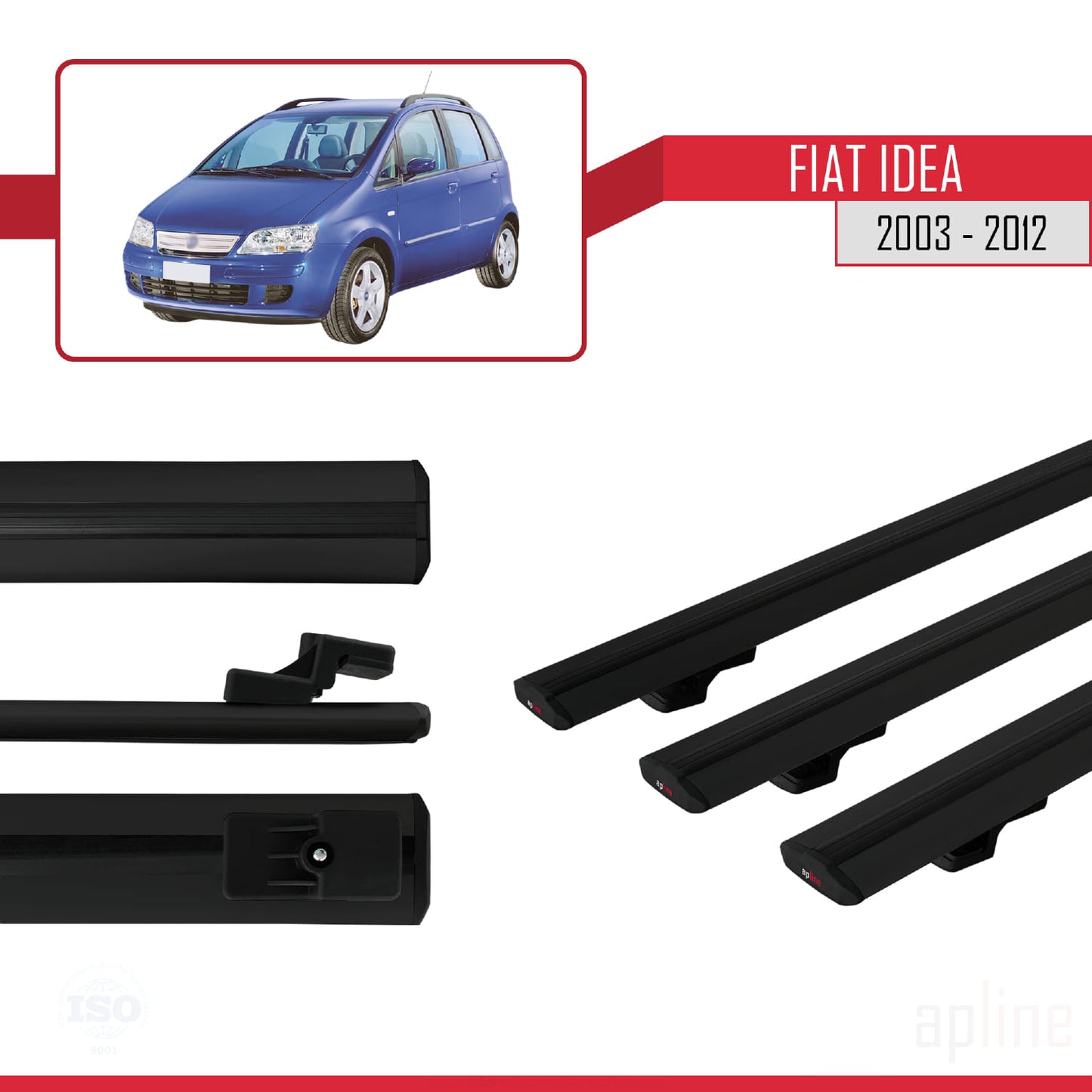 Compatible avec Fiat Idea 2003-2012 BASIC Model Barres de Toit Railing Porte-Bagages de Voiture Noir Aluminium 3 Barres
