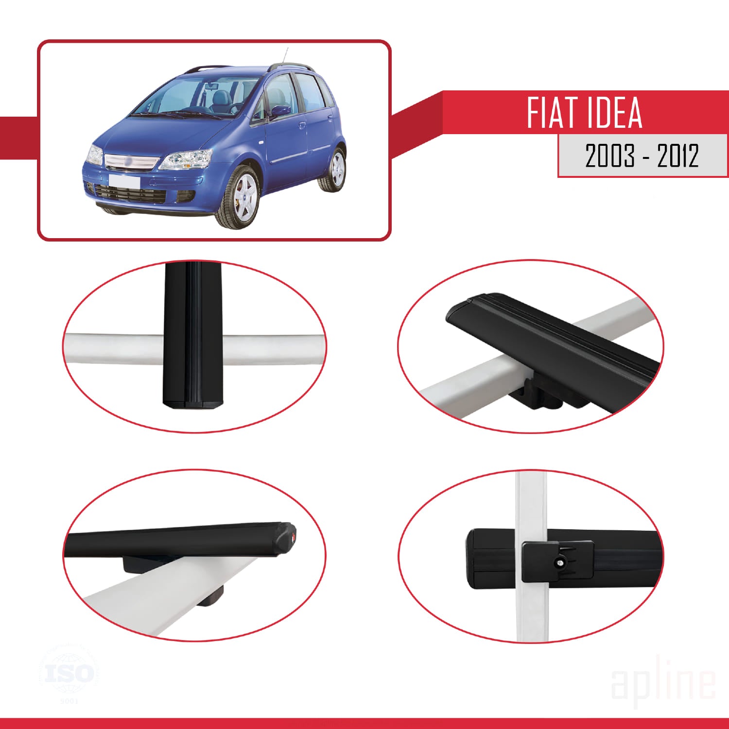 Compatible avec Fiat Idea 2003-2012 BASIC Model Barres de Toit Railing Porte-Bagages de Voiture Noir Aluminium 2 Barres