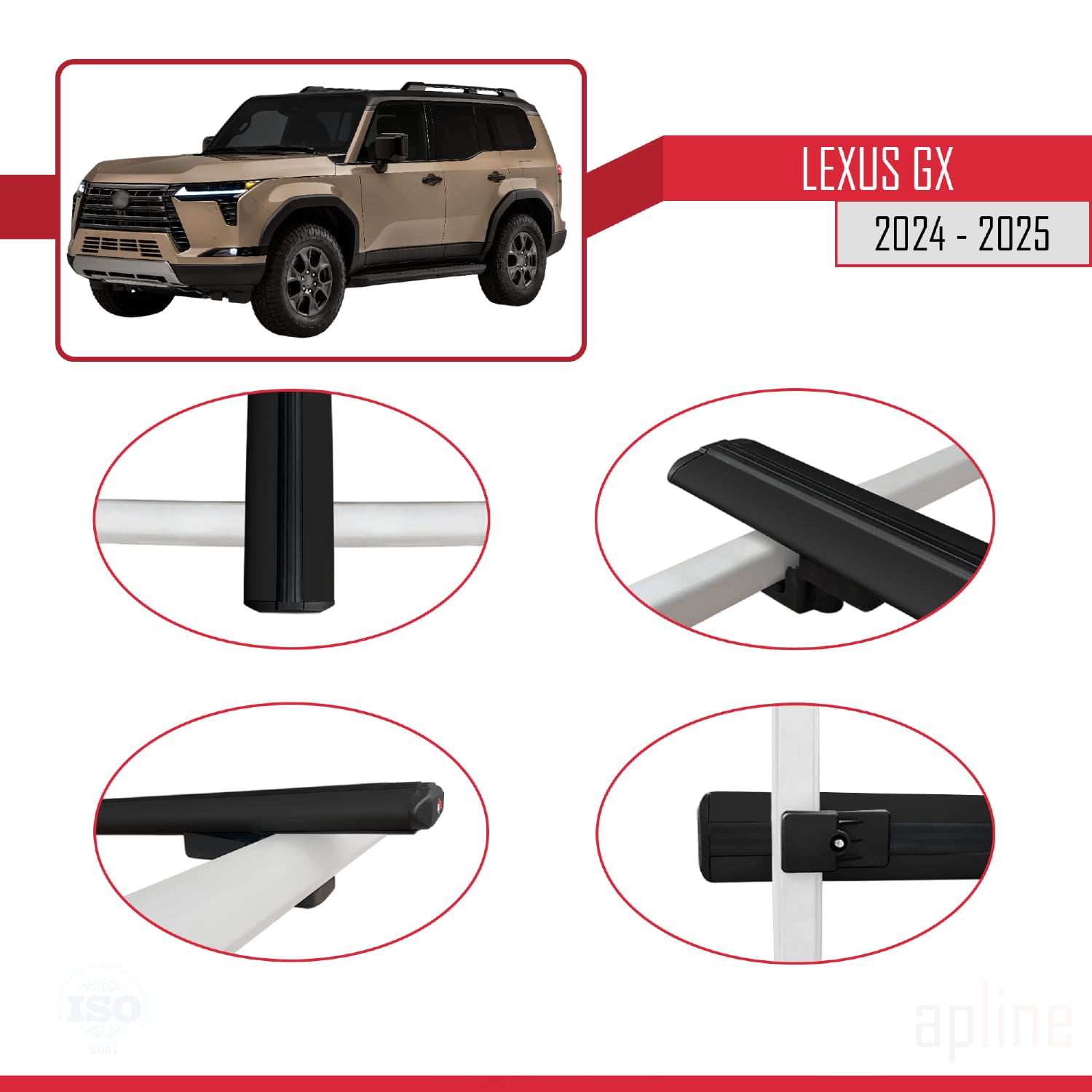 Compatible avec Lexus GX 2024-2025 BASIC Model Barres de Toit Railing Porte-Bagages de Voiture Noir Aluminium 3 Barres