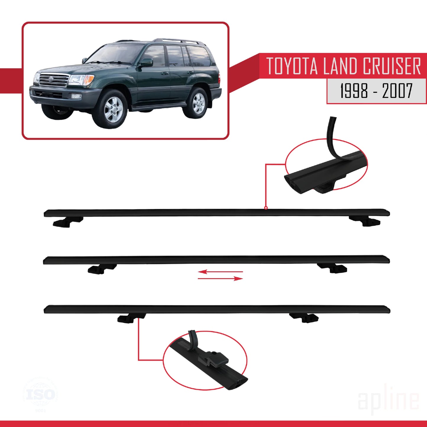 Compatible avec Toyota Land Cruiser 1998-2007 BASIC Model Barres de Toit Railing Porte-Bagages de Voiture Noir Aluminium 3 Barres