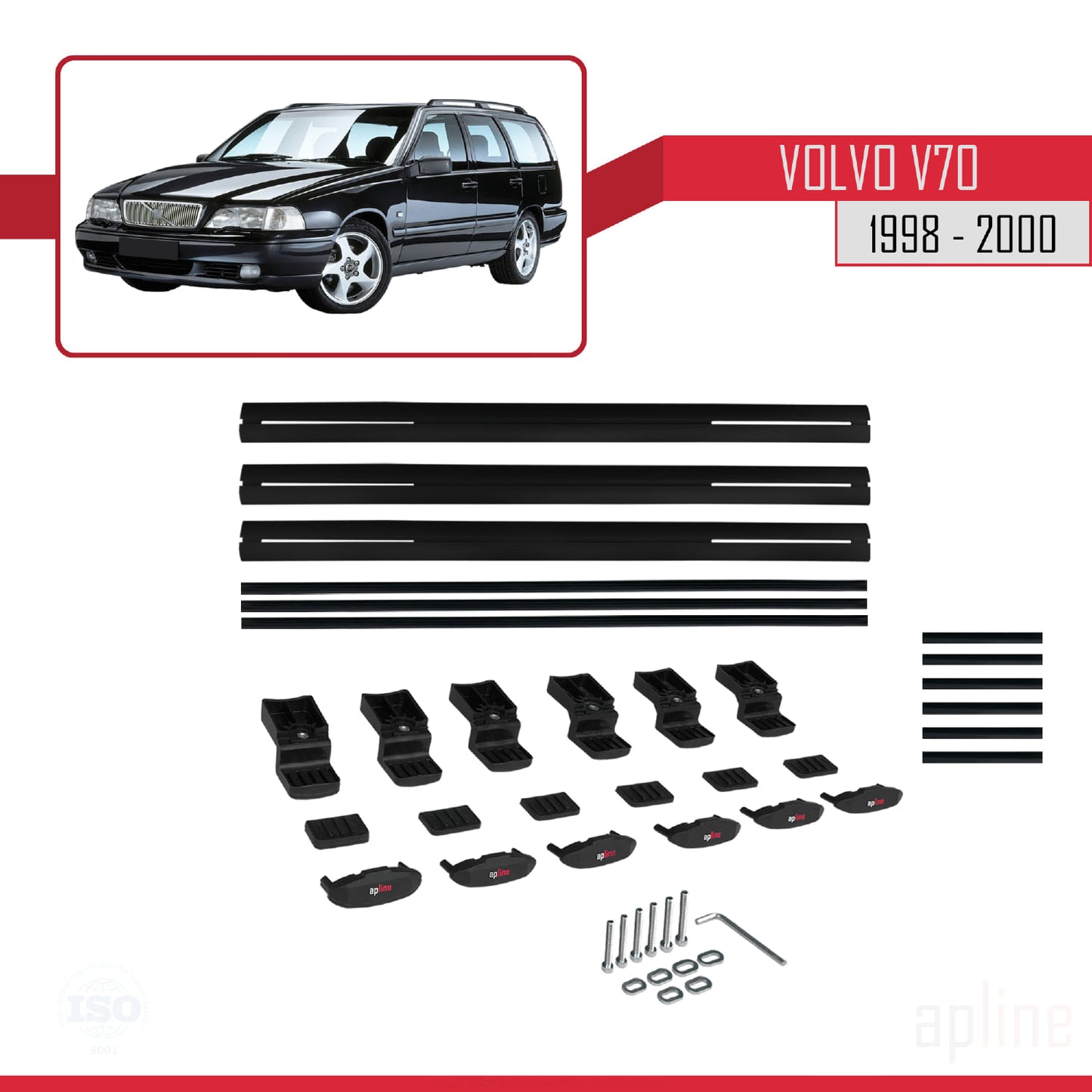 Compatible avec Volvo V70 1998-2000 BASIC Model Barres de Toit Railing Porte-Bagages de Voiture Noir Aluminium 3 Barres