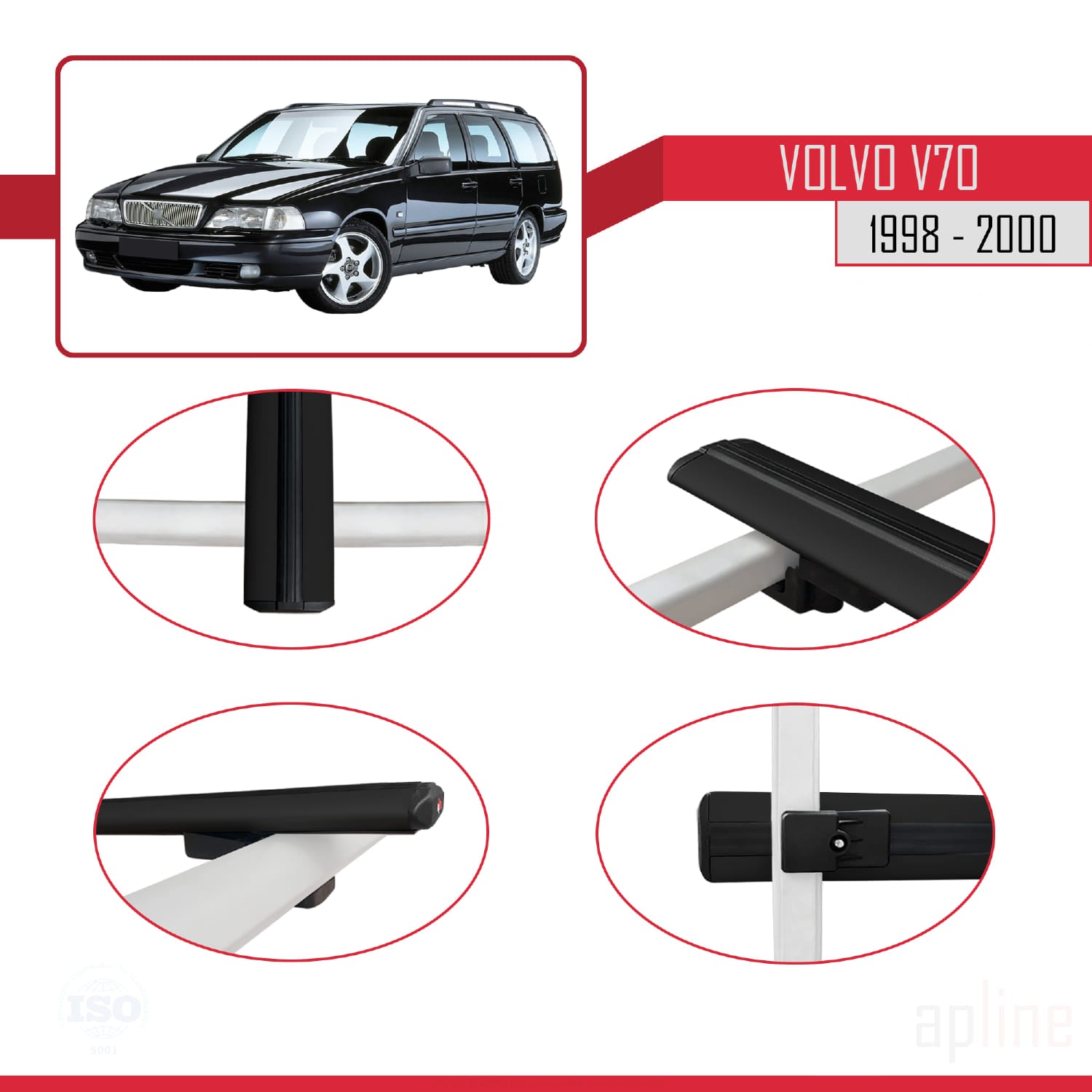 Compatible avec Volvo V70 1998-2000 BASIC Model Barres de Toit Railing Porte-Bagages de Voiture Noir Aluminium 2 Barres