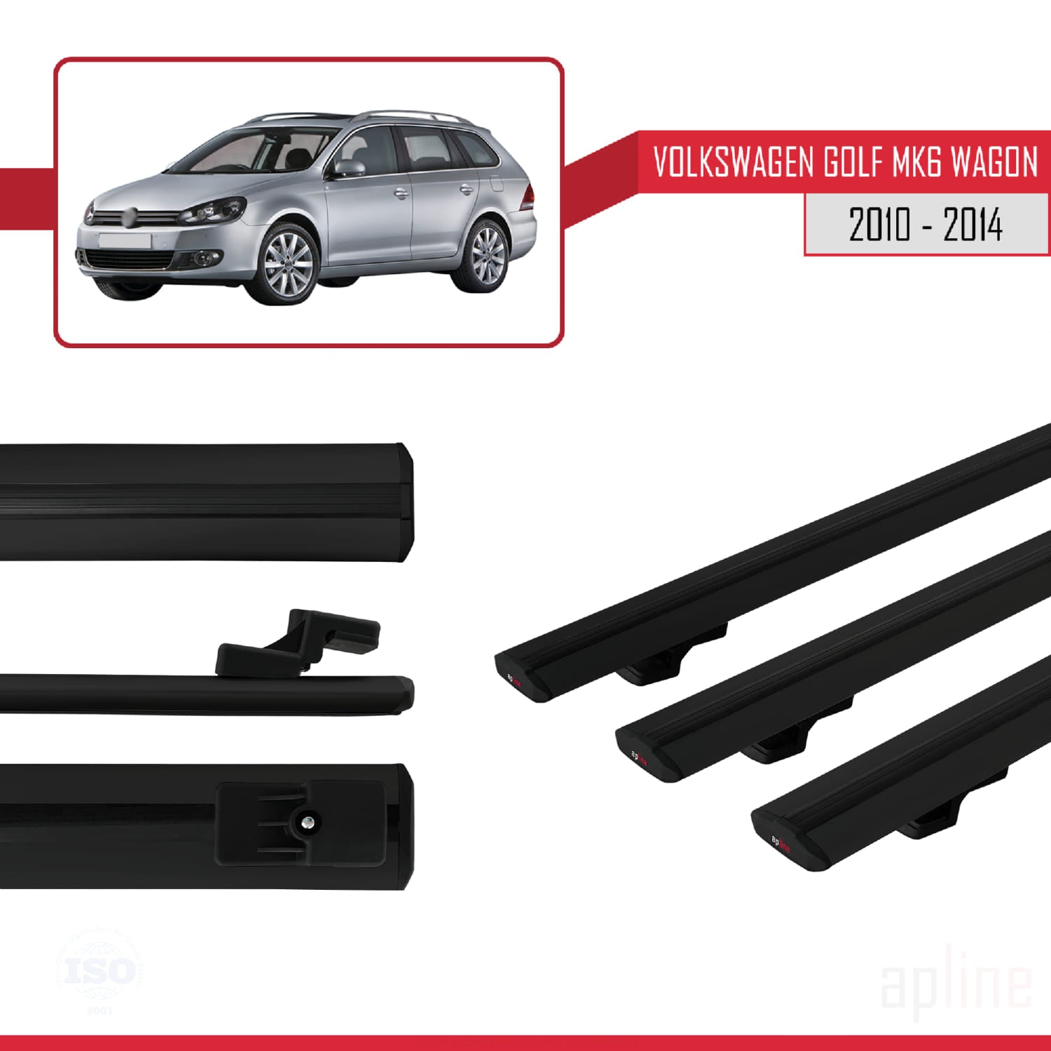 Compatible avec VW Golf Mk6 Wagon 2010-2014 BASIC Model Barres de Toit Railing Porte-Bagages de Voiture Noir Aluminium 3 Barres