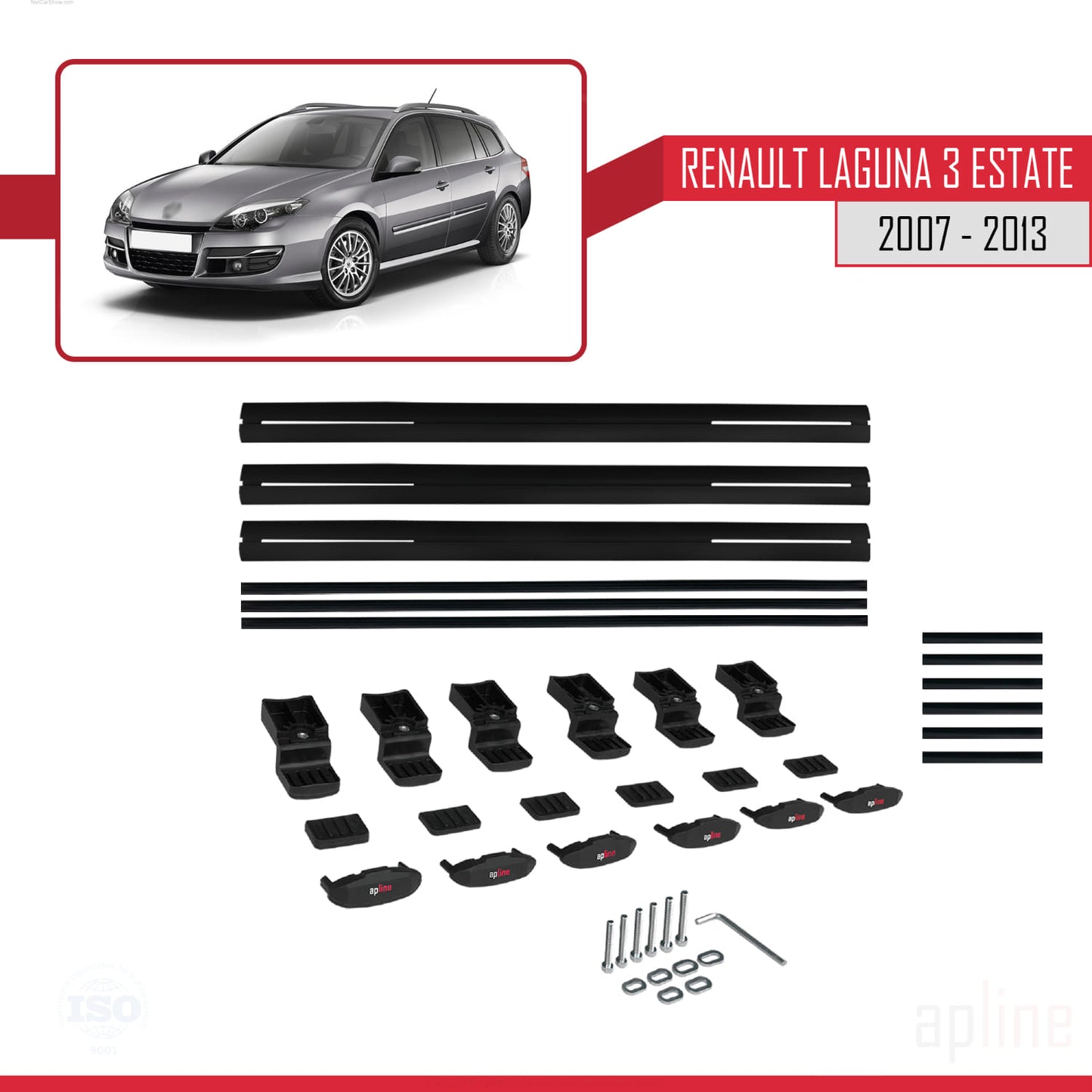Compatible avec Renault Laguna 3 Estate 2007-2013 BASIC Model Barres de Toit Railing Porte-Bagages de Voiture Noir Aluminium 3 Barres