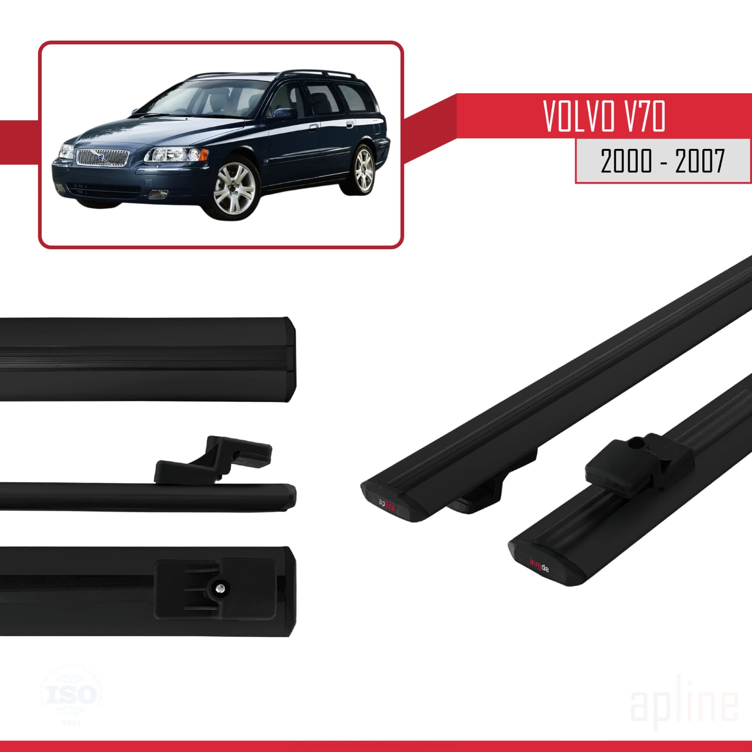 Compatible avec Volvo V70 2000-2007 BASIC Model Barres de Toit Railing Porte-Bagages de Voiture Noir Aluminium 2 Barres