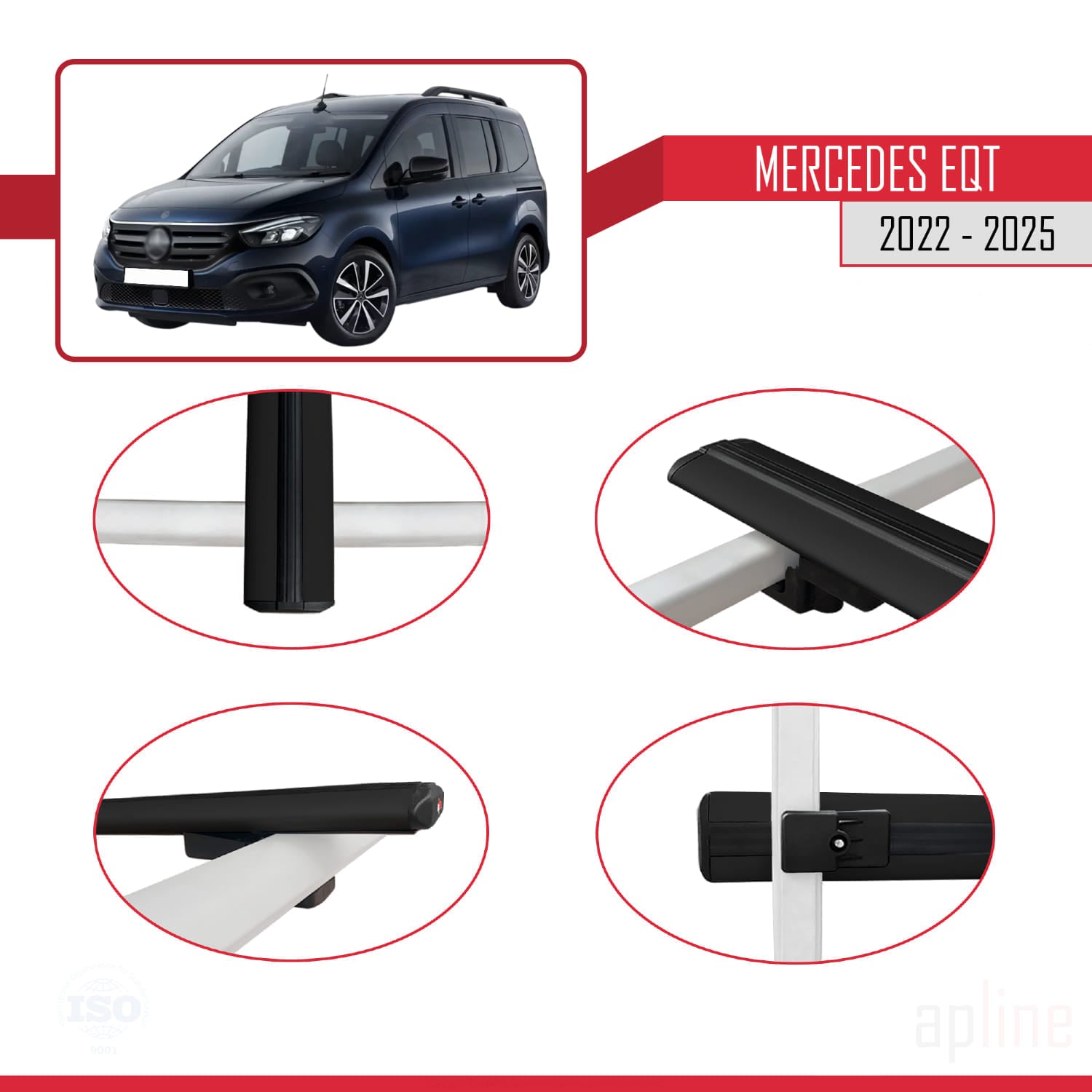 Compatible avec Mercedes EQT / Citan W420 2022-2025 BASIC Model Barres de Toit Railing Porte-Bagages de Voiture Noir Aluminium 2 Barres