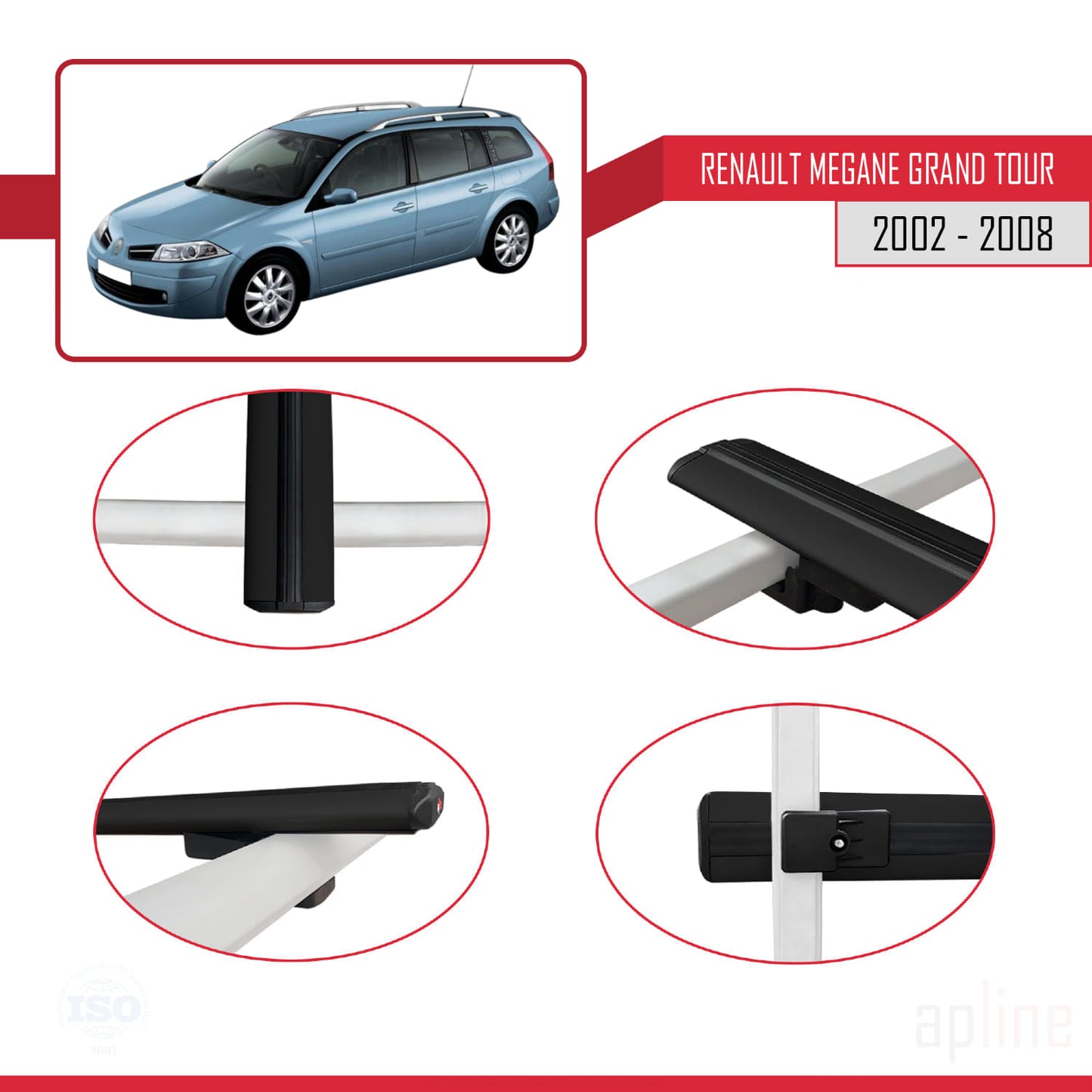 Compatible avec Renault Megane Grand Tour 2002-2008 BASIC Model Barres de Toit Railing Porte-Bagages de Voiture Noir Aluminium 3 Barres