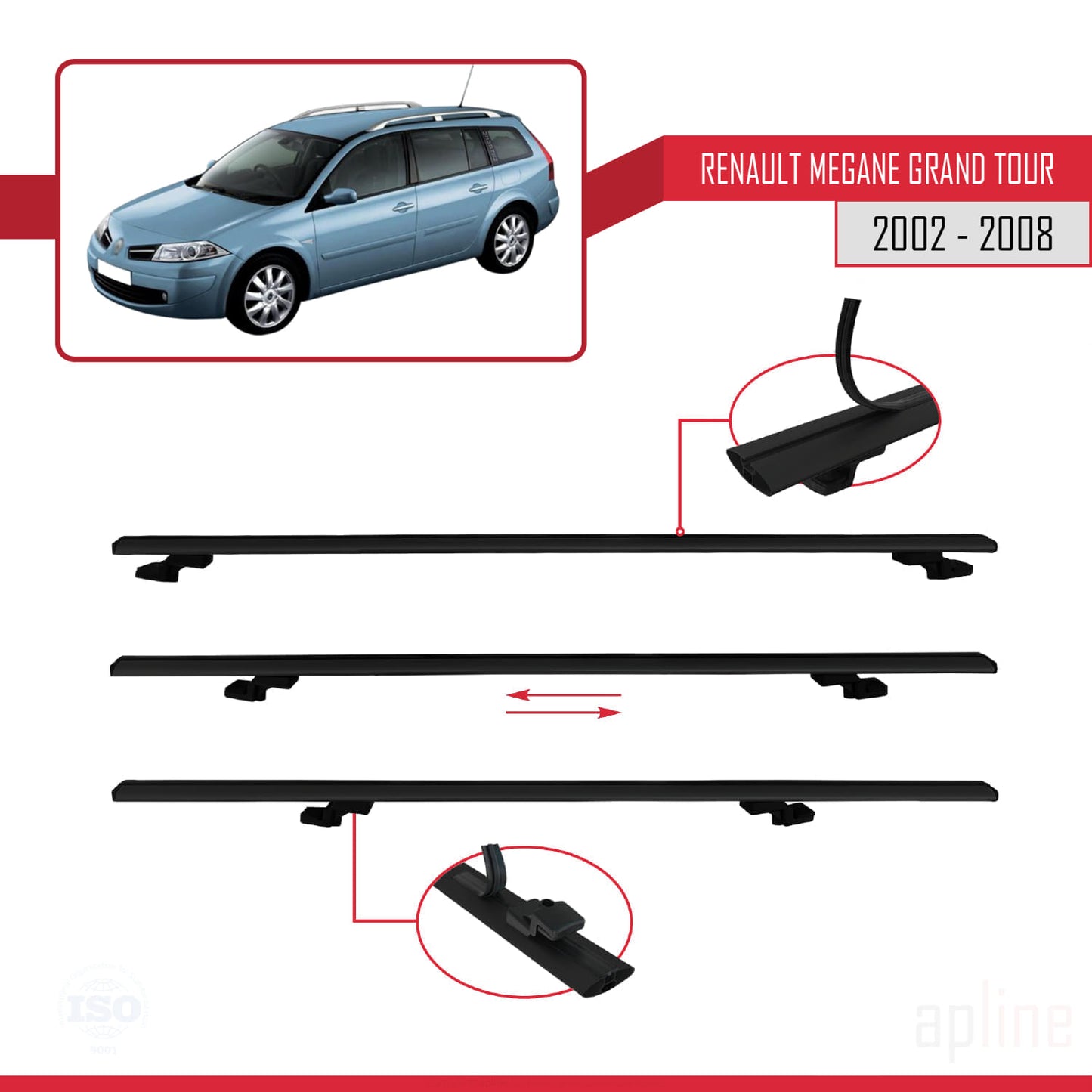 Compatible avec Renault Megane Grand Tour 2002-2008 BASIC Model Barres de Toit Railing Porte-Bagages de Voiture Noir Aluminium 3 Barres