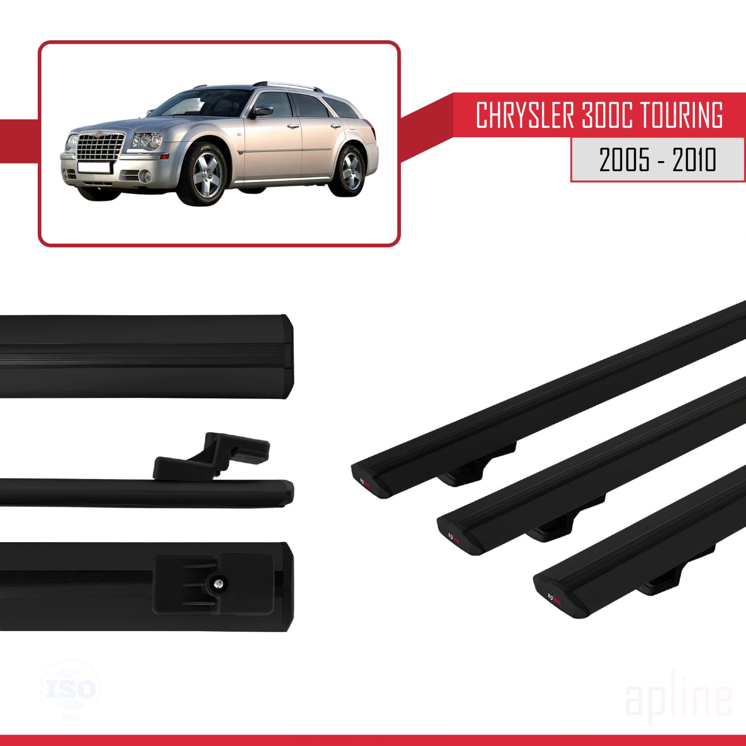 Compatible avec Chrysler 300C Touring 2005-2010 BASIC Model Barres de Toit Railing Porte-Bagages de Voiture Noir Aluminium 3 Barres