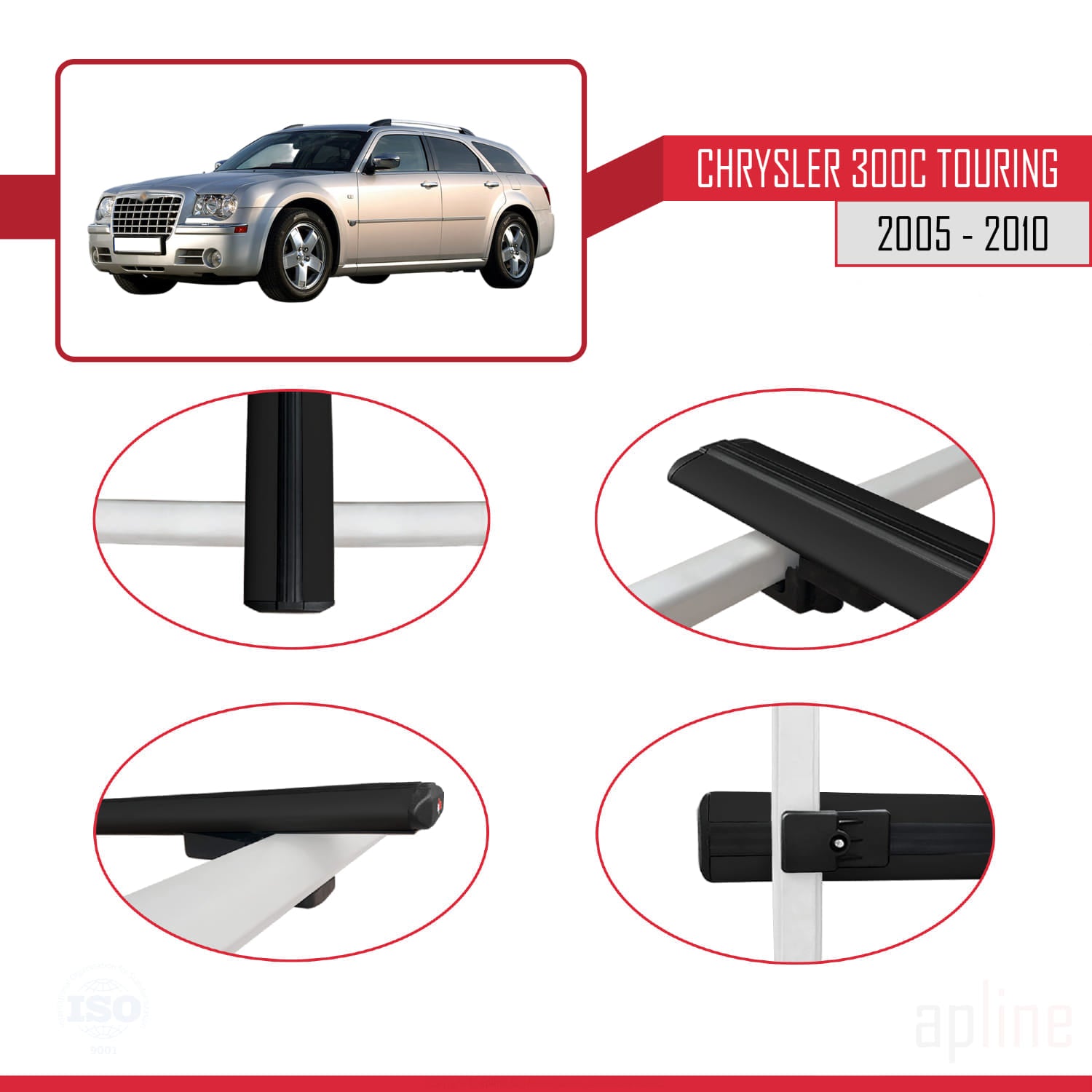 Compatible avec Chrysler 300C Touring 2005-2010 BASIC Model Barres de Toit Railing Porte-Bagages de Voiture Noir Aluminium 3 Barres