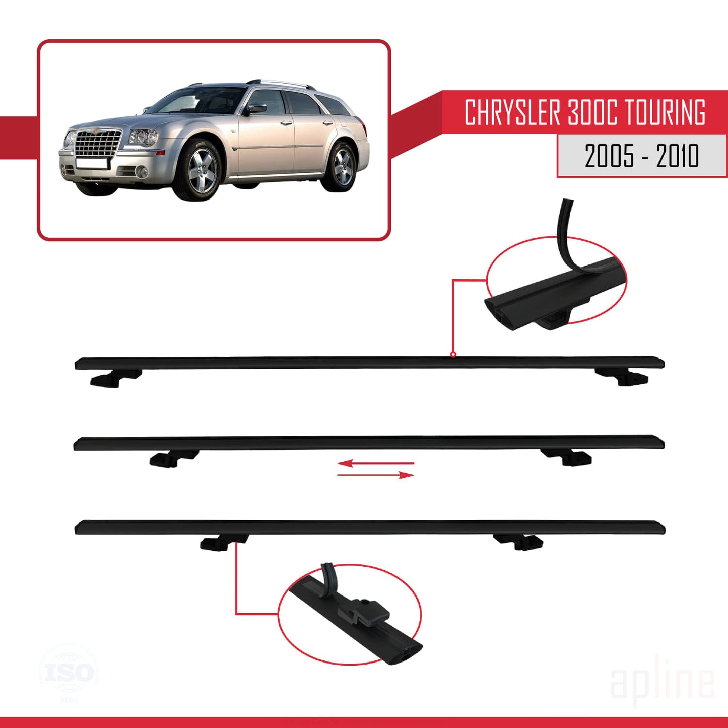 Compatible avec Chrysler 300C Touring 2005-2010 BASIC Model Barres de Toit Railing Porte-Bagages de Voiture Noir Aluminium 3 Barres