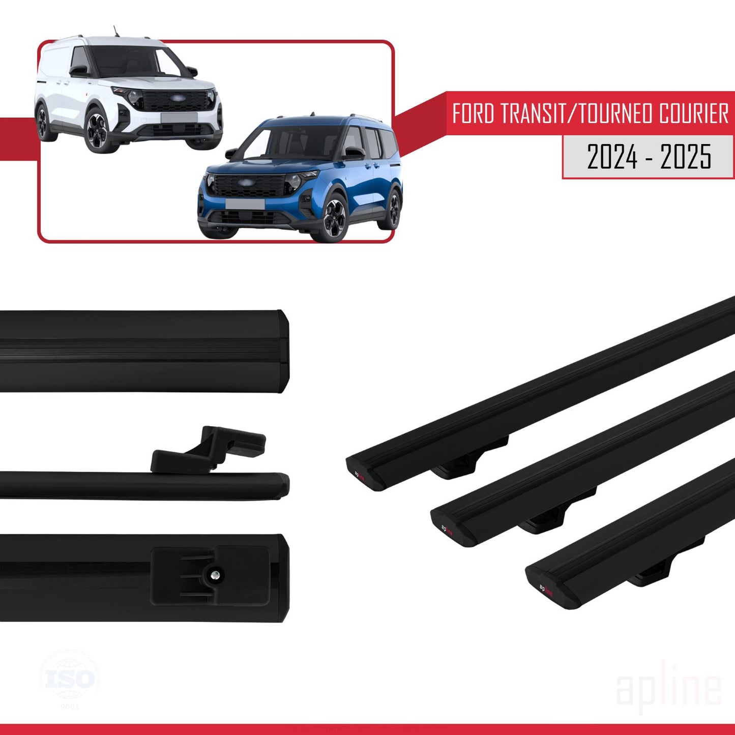 Compatible avec Ford Transit/Tourneo Courier 2024-2025 BASIC Model Barres de Toit Railing Porte-Bagages de Voiture Noir Aluminium 3 Barres
