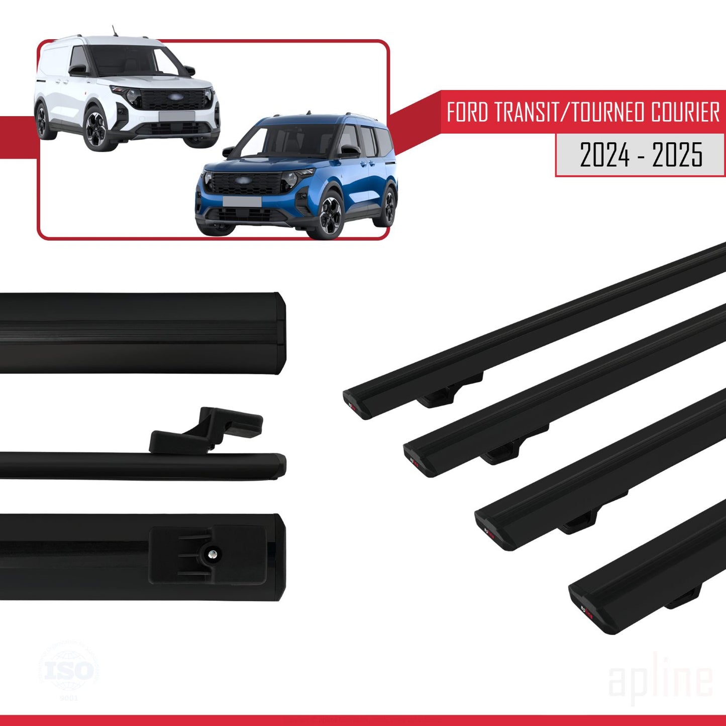 Compatible avec Ford Transit/Tourneo Courier 2024-2025 BASIC Model Barres de Toit Railing Porte-Bagages de Voiture Noir Aluminium 4 Barres