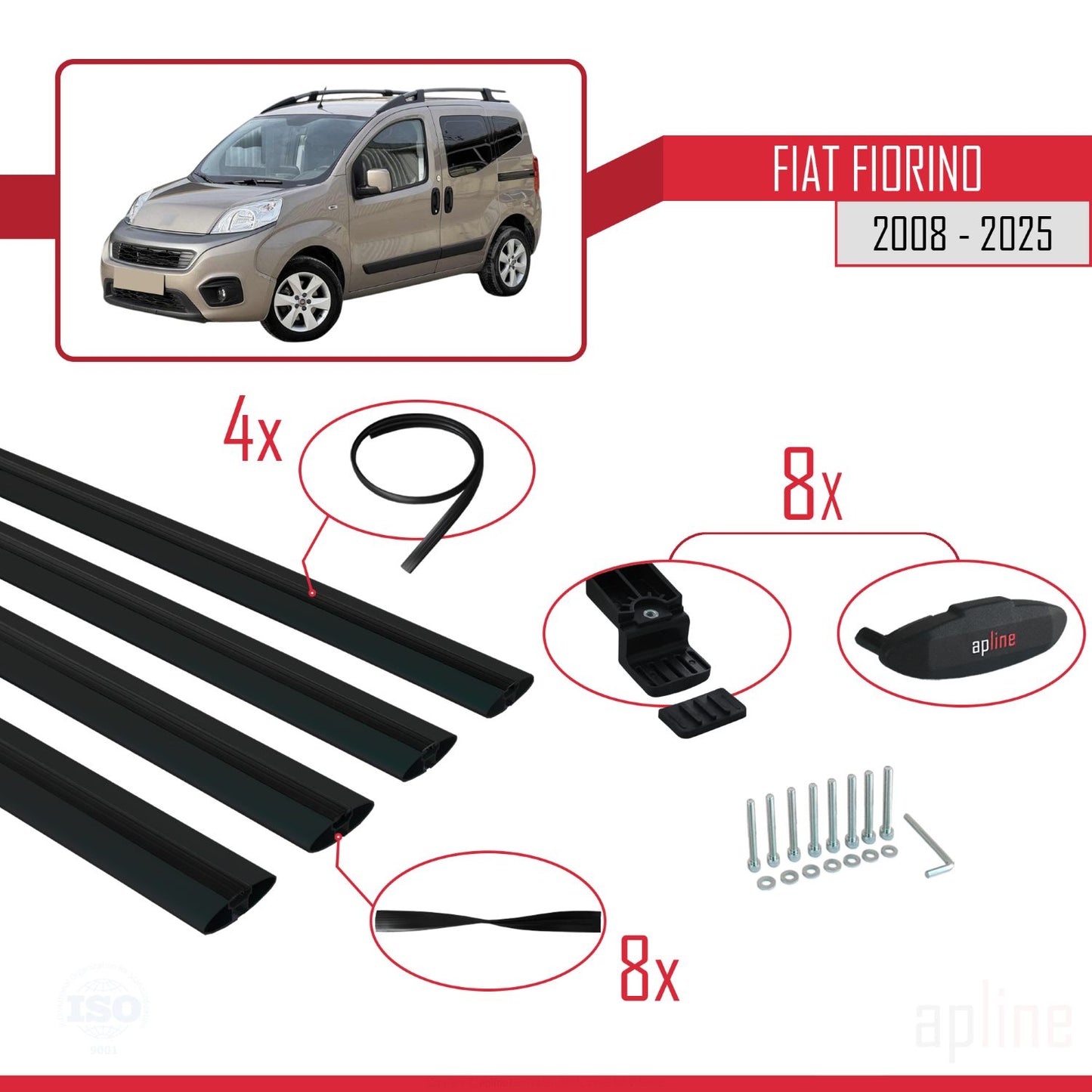Compatible avec Fiat Fiorino (Modèle Tubulaire) 2008-2025 BASIC Model Barres de Toit Railing Porte-Bagages de Voiture Noir Aluminium 4 Barres