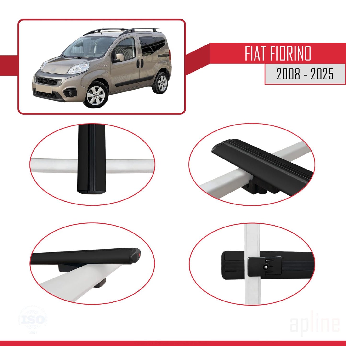 Compatible avec Fiat Fiorino (Modèle Tubulaire) 2008-2025 BASIC Model Barres de Toit Railing Porte-Bagages de Voiture Noir Aluminium 2 Barres