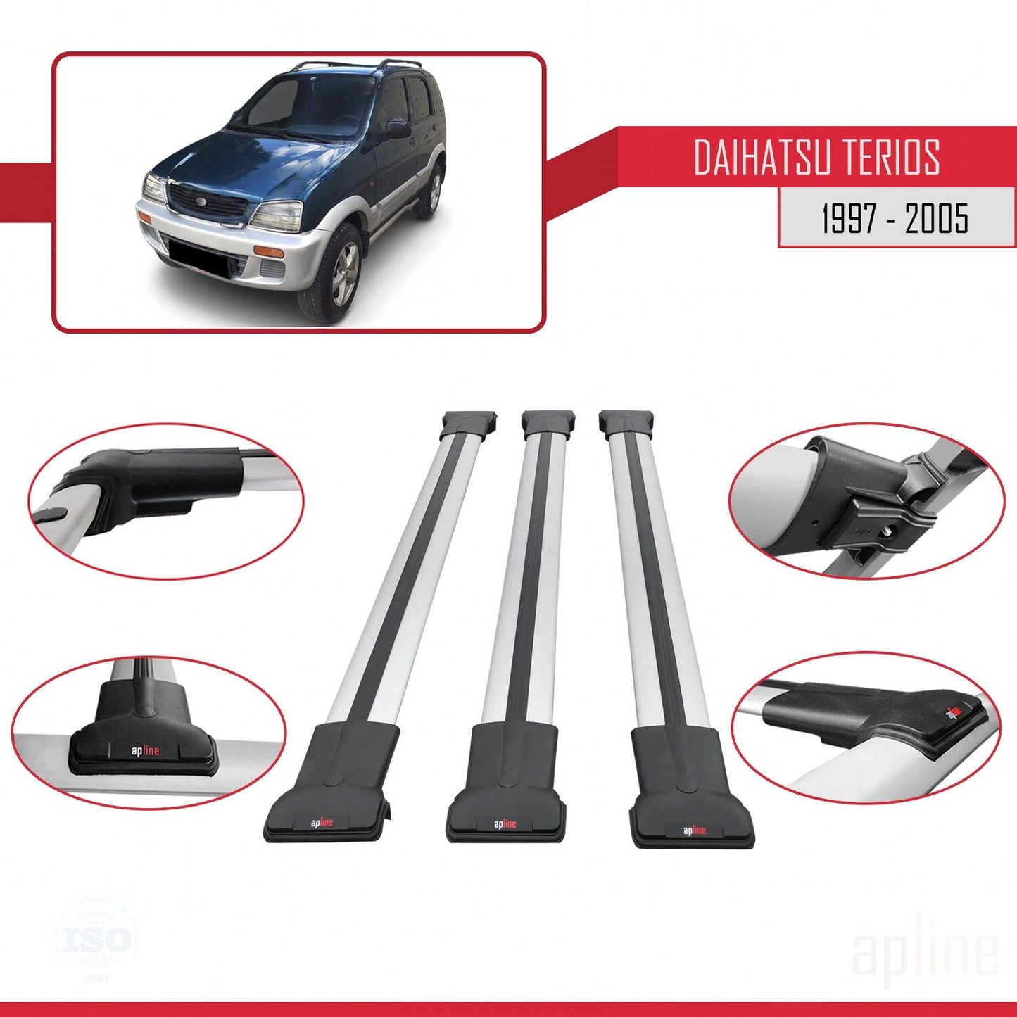 Compatible avec Daihatsu Terios (J100) 1997-2005 FLY Model Barres de Toit Railing Porte-Bagages de Voiture Gris Aluminium 3 Barres