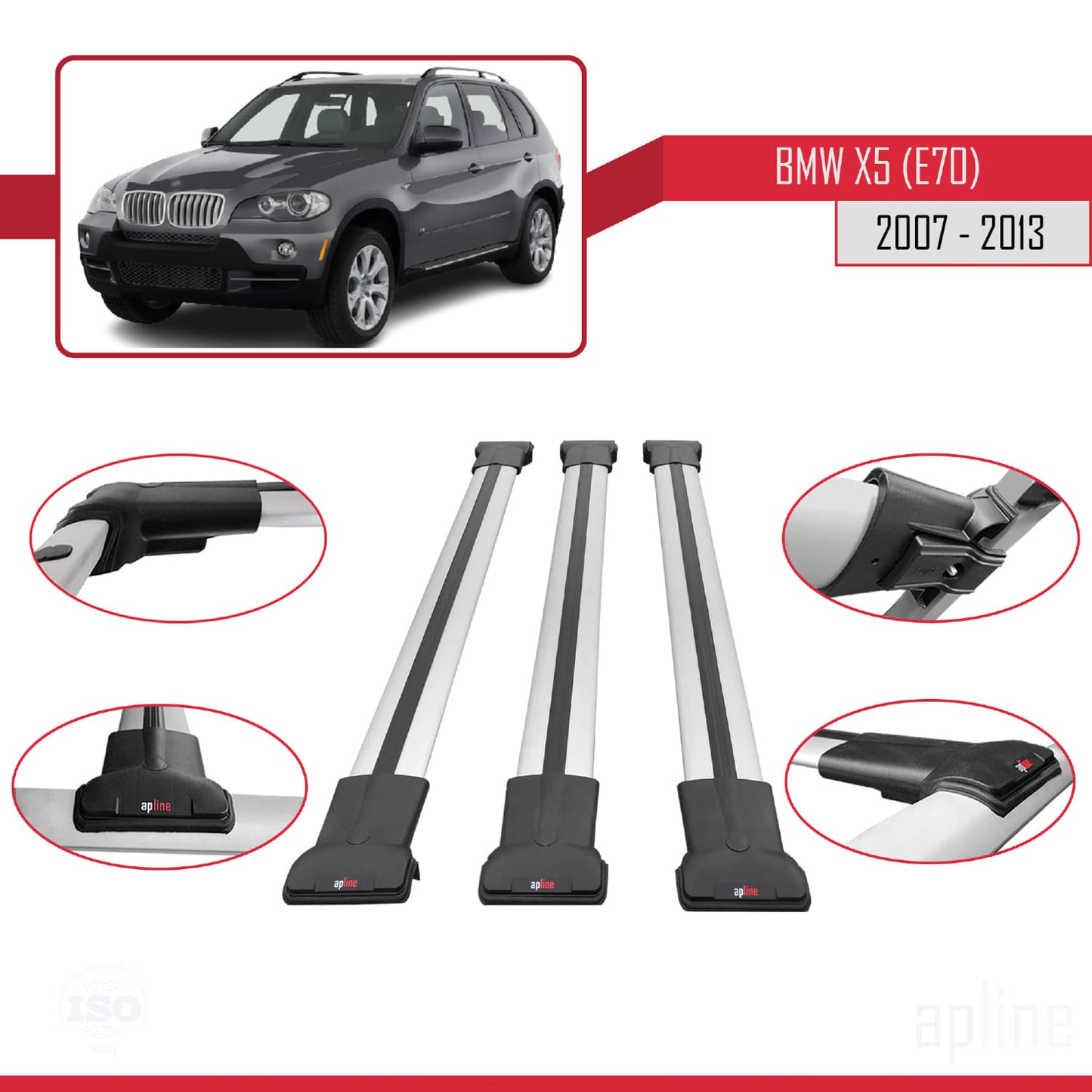 Compatible avec BMW X5 (E70) 2007-2013 FLY Model Barres de Toit Railing Porte-Bagages de Voiture Gris Aluminium 3 Barres