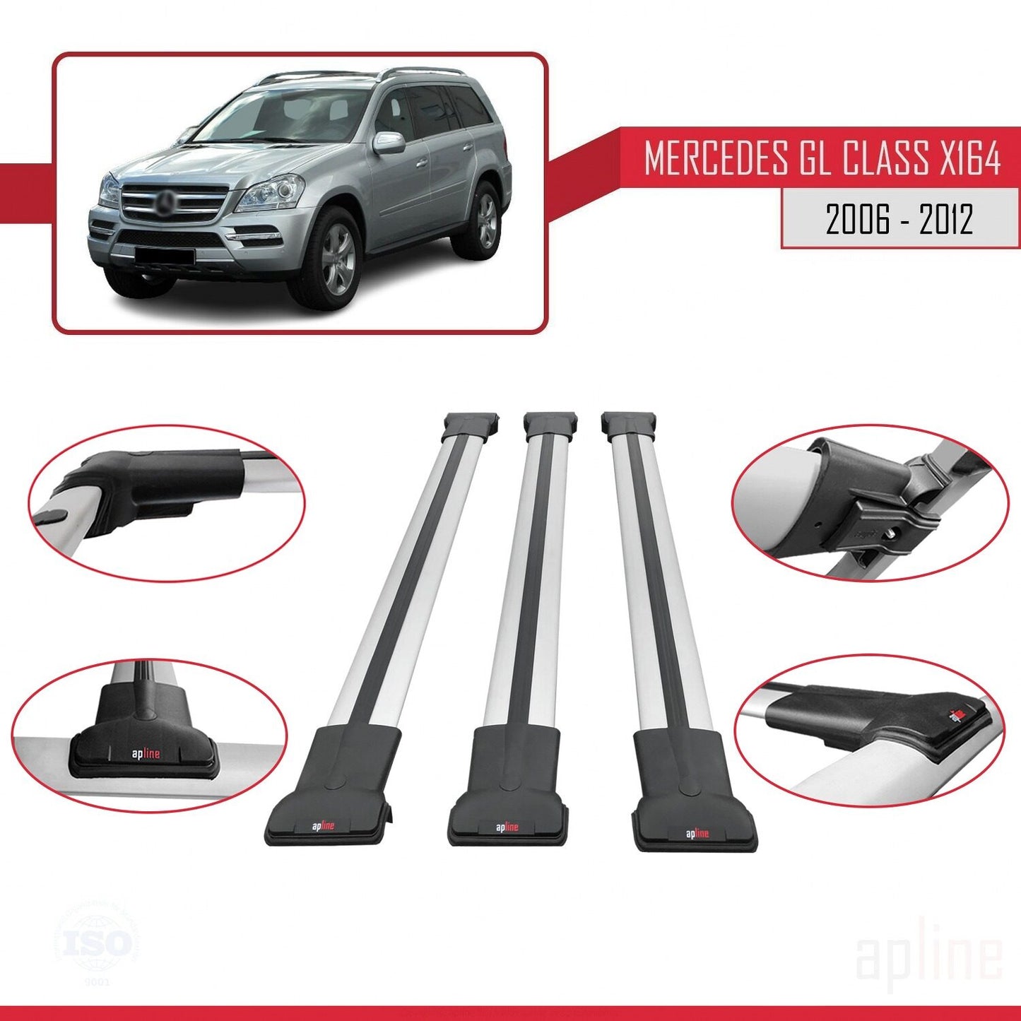 Compatible avec Mercedes Classe GL (X164) 2006-2012 FLY Model Barres de Toit Railing Porte-Bagages de Voiture Gris Aluminium 3 Barres
