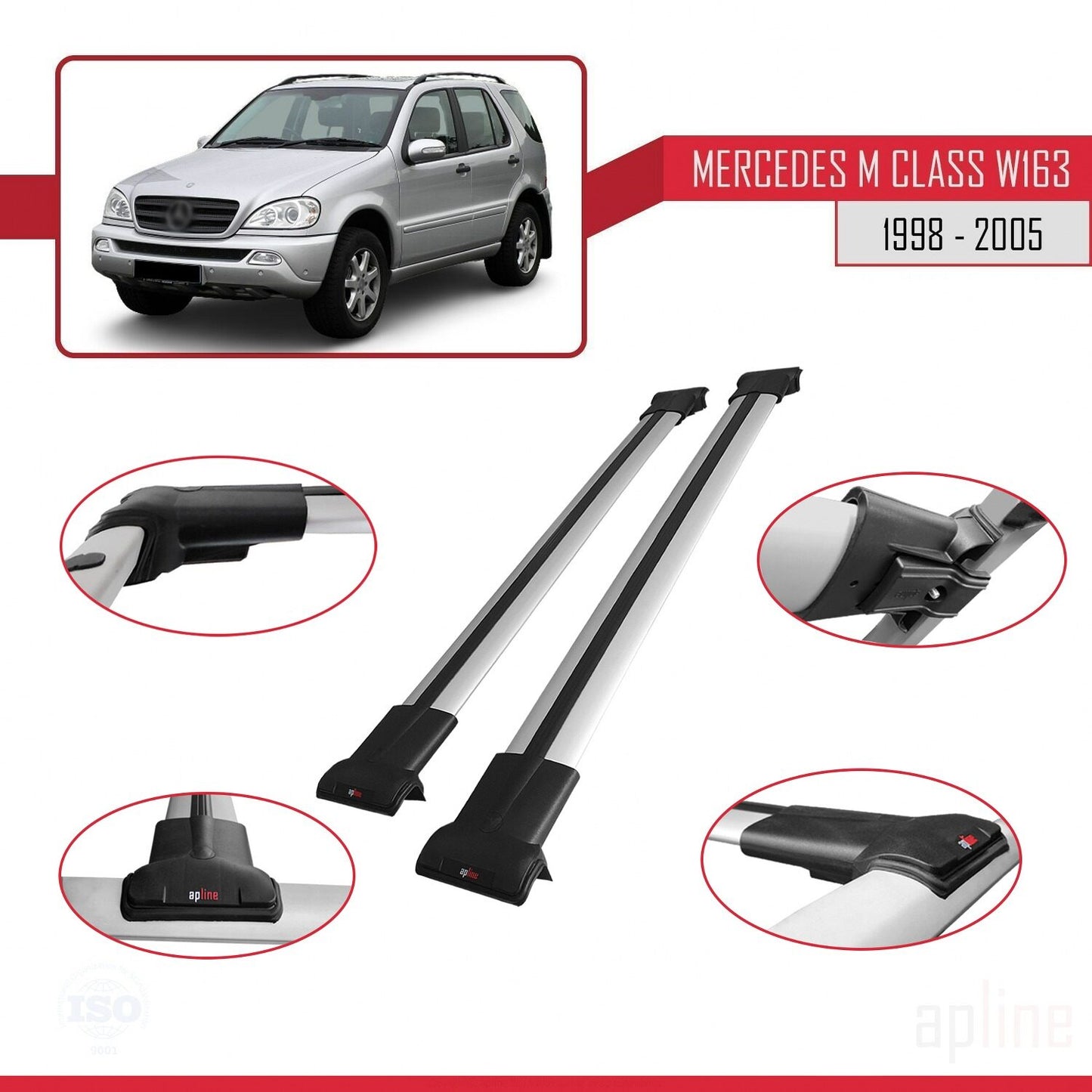 Compatible avec Mercedes Classe M (W163) 1998-2005 FLY Model Barres de Toit Railing Porte-Bagages de Voiture Gris Aluminium 2 Barres