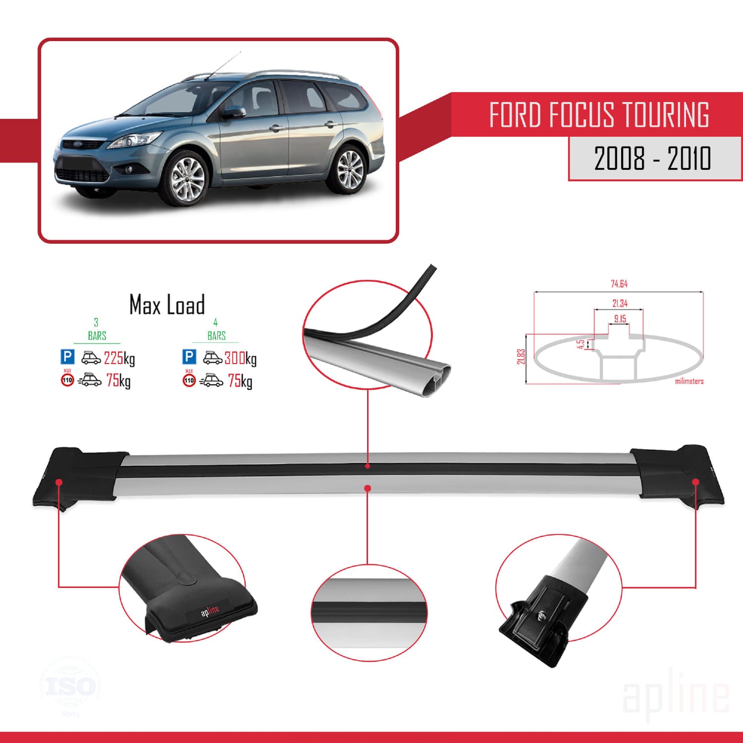 Compatible avec Ford Focus 2 (C307) Turnier 2008-2010 FLY Model Barres de Toit Railing Porte-Bagages de Voiture Gris Aluminium 3 Barres