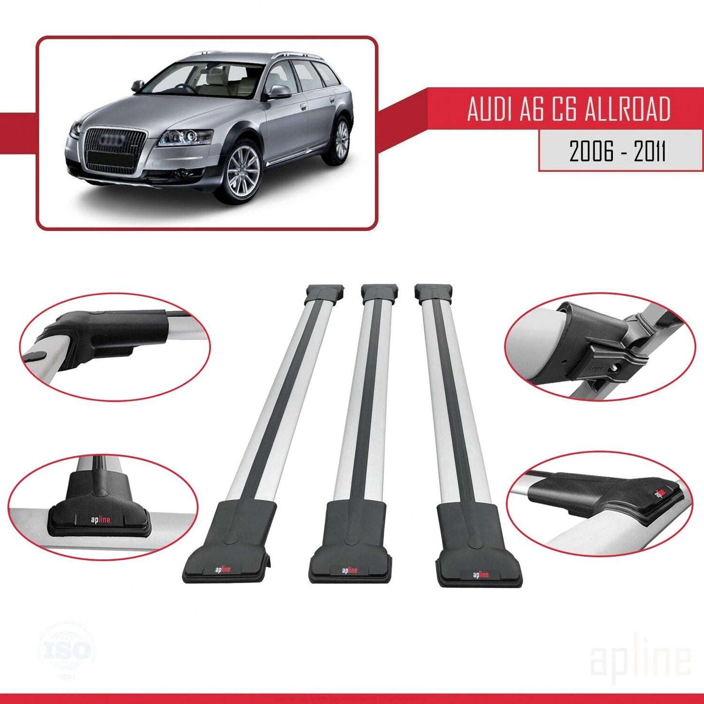 Compatible avec A6 (C6) Allroad 2006-2011 FLY Model Barres de Toit Railing Porte-Bagages de Voiture Gris Aluminium 3 Barres