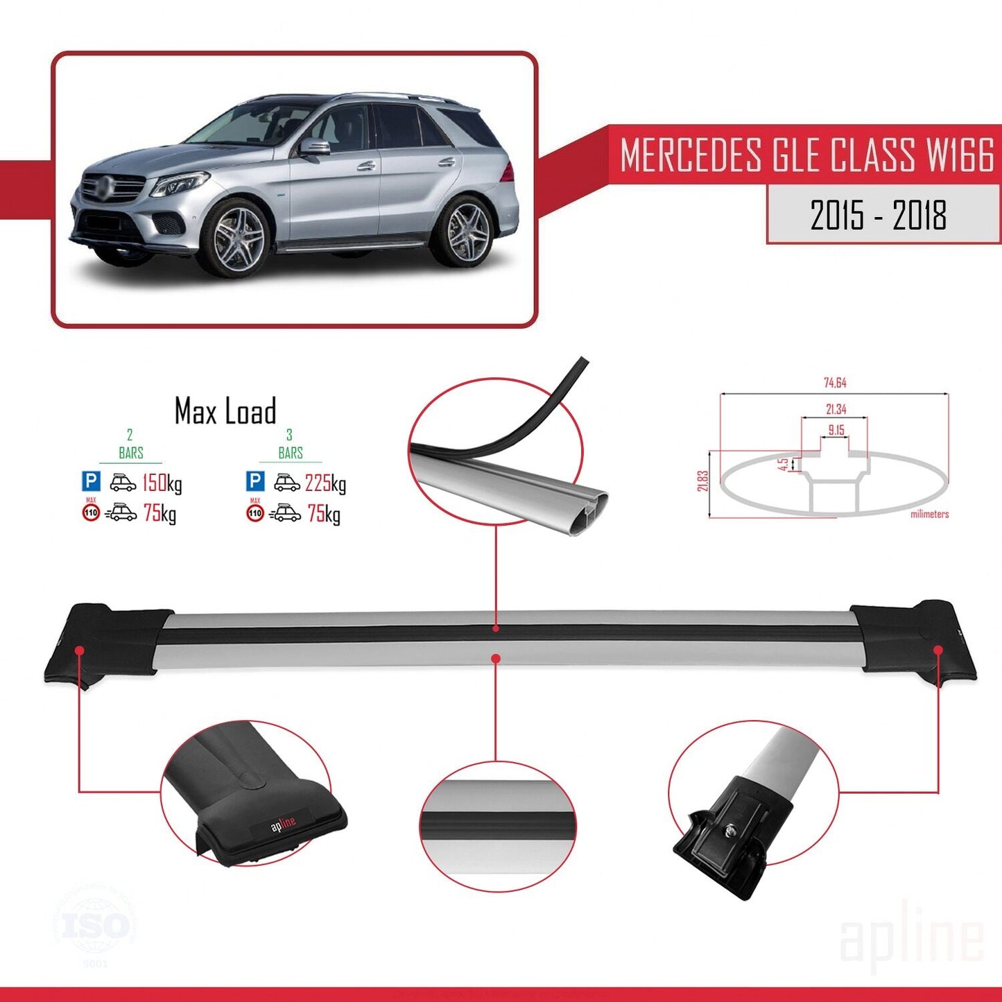 Compatible avec Mercedes Classe GLE 3 (W166) 2015-2018 FLY Model Barres de Toit Railing Porte-Bagages de Voiture Gris Aluminium 2 Barres