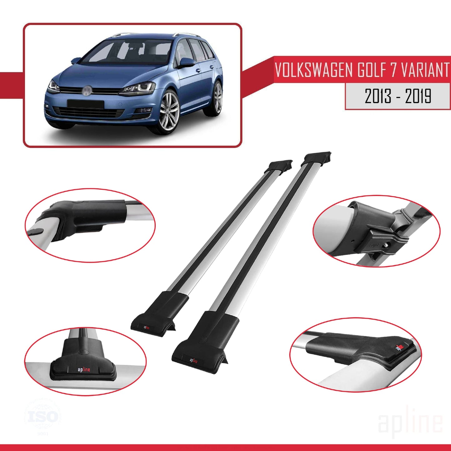 Compatible avec Volkswagen Golf 7 (5G) Variant 2013-2019 FLY Model Barres de Toit Railing Porte-Bagages de Voiture Gris Aluminium 2 Barres