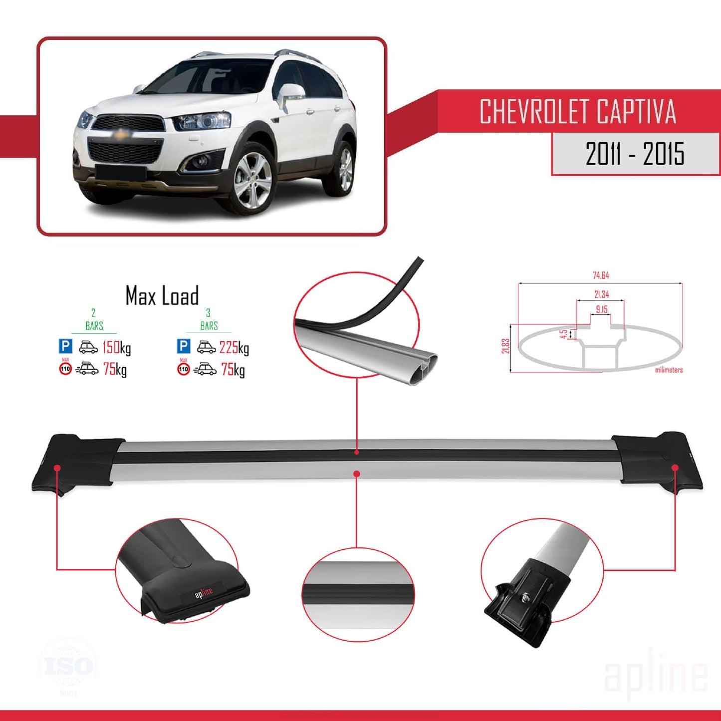 Compatible avec Chevrolet Captiva 2011-2015 FLY Model Barres de Toit Railing Porte-Bagages de Voiture Gris Aluminium 2 Barres