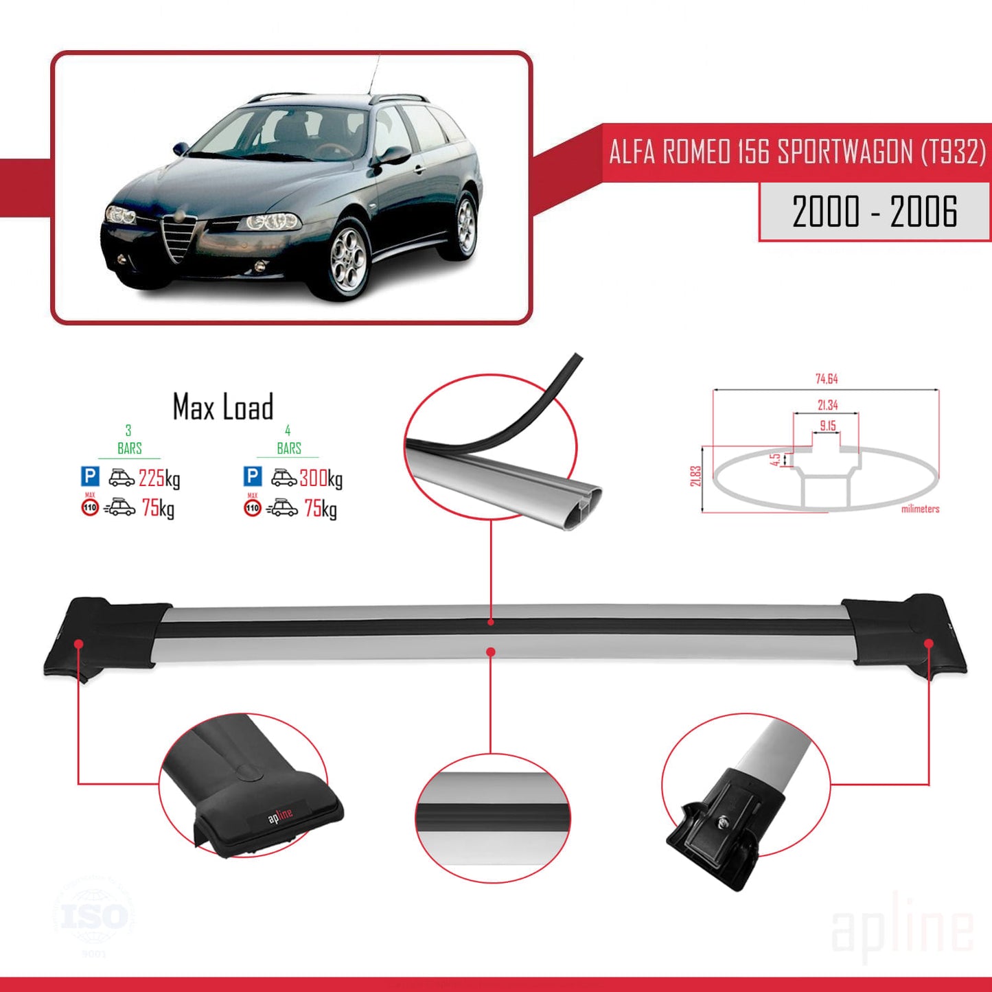 Compatible avec Alfa Romeo 156 (T932) Break 2000-2006 FLY Model Barres de Toit Railing Porte-Bagages de Voiture Gris Aluminium 3 Barres