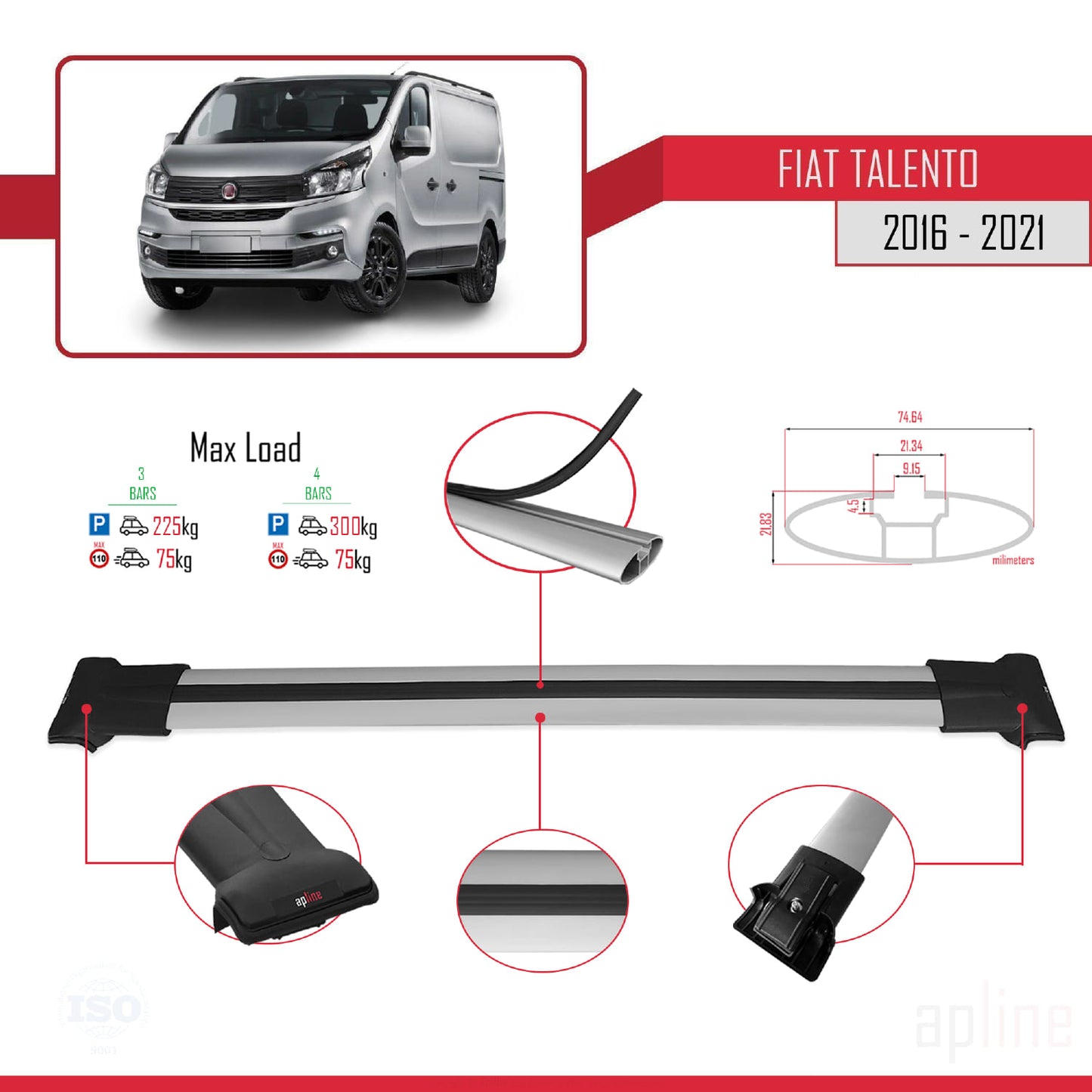 Compatible with Fiat Talento 2016-2021 FLY Model Car Roof Rack Cross Bar Grey Aluminium 4 Bars