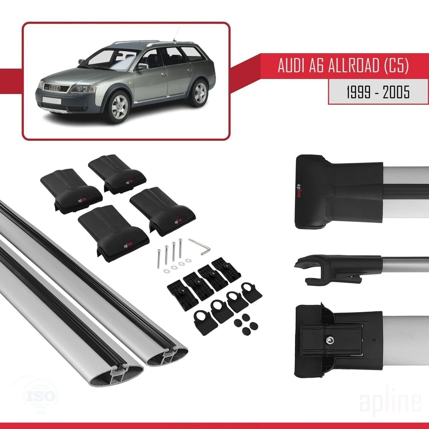Compatible avec A6 (C5) Allroad 1999-2005 FLY Model Barres de Toit Railing Porte-Bagages de Voiture Gris Aluminium 2 Barres