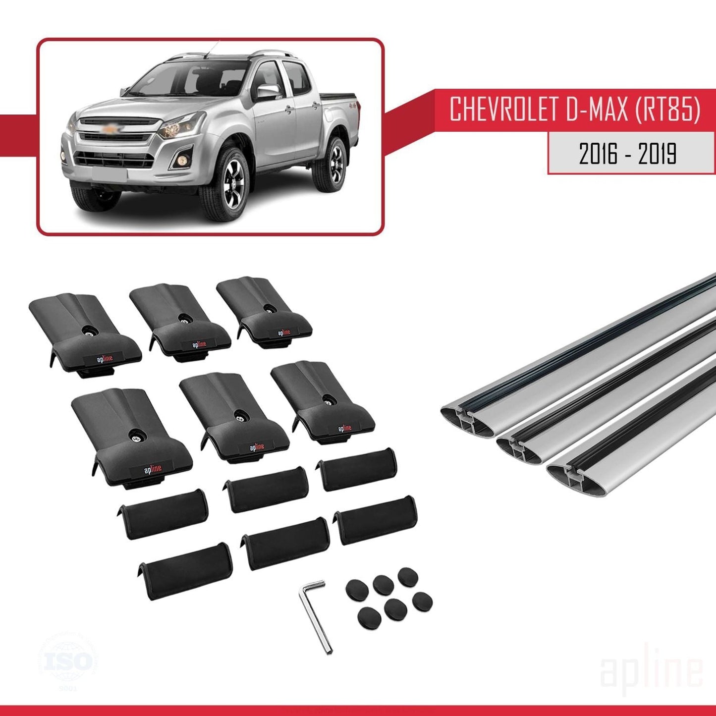 Compatible avec Chevrolet D-Max (RT85) 2016-2019 FLY Model Barres de Toit Railing Porte-Bagages de Voiture Gris Aluminium 3 Barres