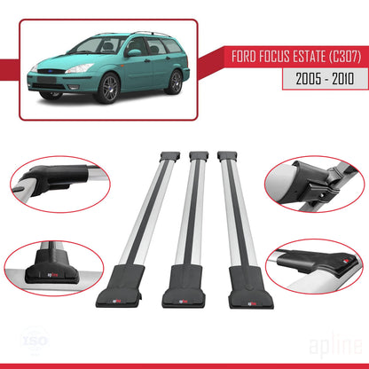 Compatible avec Ford Focus 2 (C307) Break 2005-2010 FLY Model Barres de Toit Railing Porte-Bagages de Voiture Gris Aluminium 3 Barres