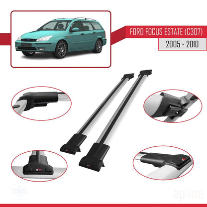 Compatible avec Ford Focus 2 (C307) Break 2005-2010 FLY Model Barres de Toit Railing Porte-Bagages de Voiture Gris Aluminium 2 Barres