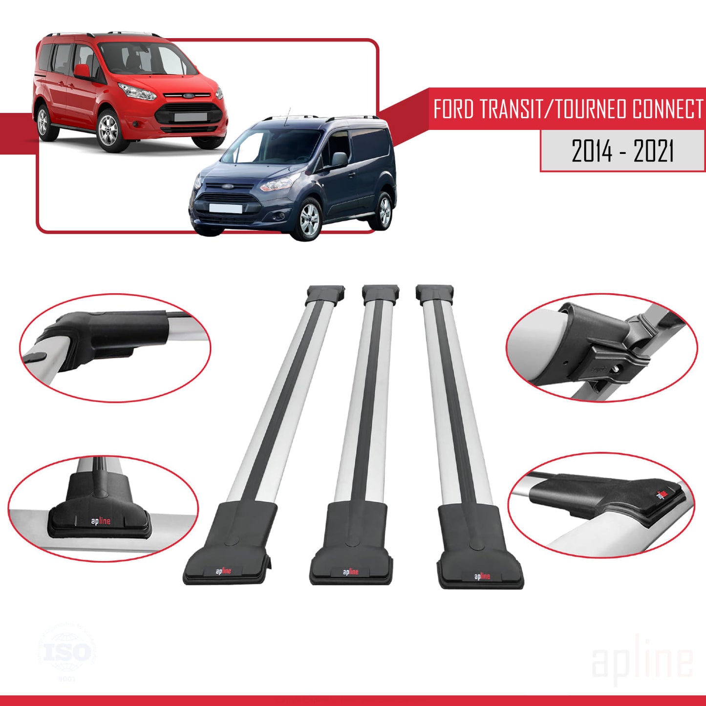 Compatible avec Ford Transit/Tourneo Connect 2 2014-2021 FLY Model Barres de Toit Railing Porte-Bagages de Voiture Gris Aluminium 3 Barres