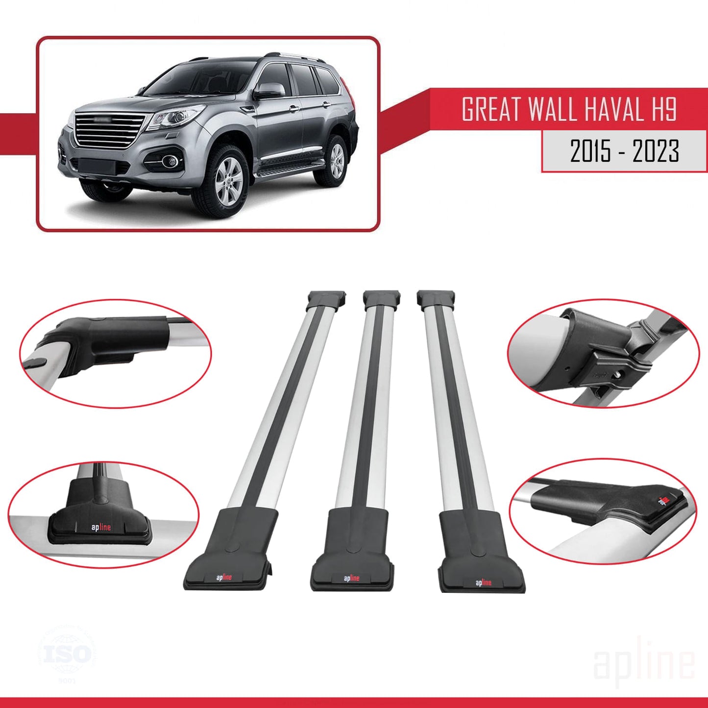 Compatible avec Great Wall Haval H9 2015-2023 FLY Model Barres de Toit Railing Porte-Bagages de Voiture Gris Aluminium 3 Barres