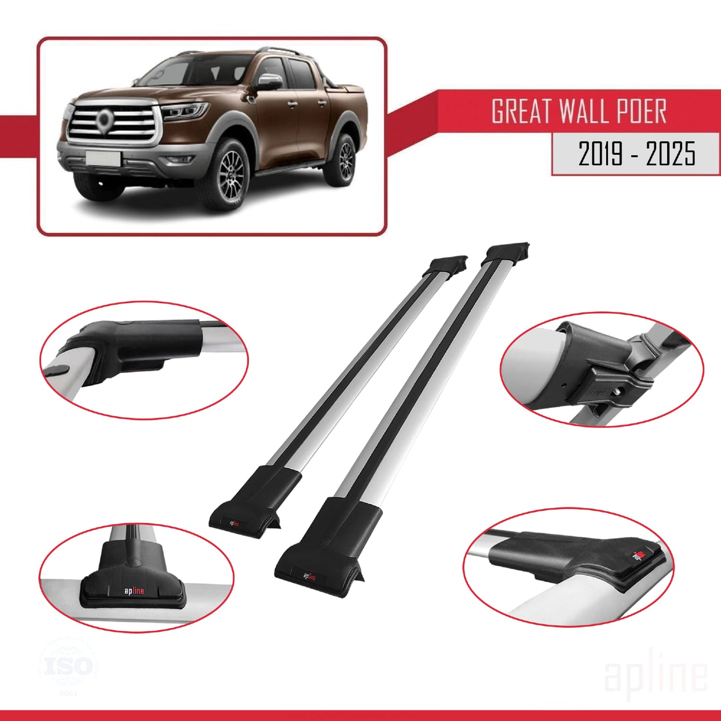 Compatible avec Great Wall Poer 2019-2025 FLY Model Barres de Toit Railing Porte-Bagages de Voiture Gris Aluminium 2 Barres