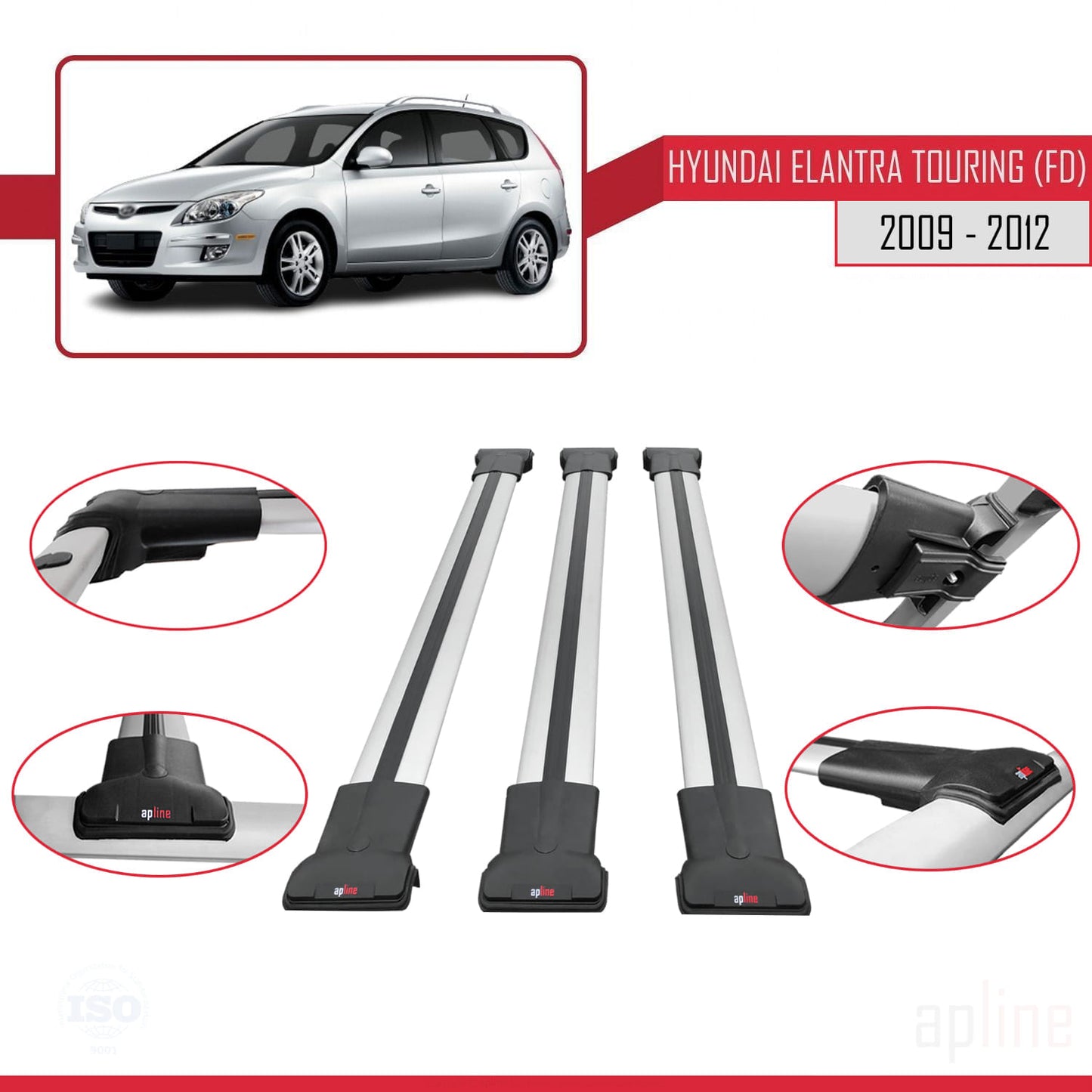 Compatible avec Hyundai Elantra Touring (FD) 2009-2012 FLY Model Barres de Toit Railing Porte-Bagages de Voiture Gris Aluminium 3 Barres